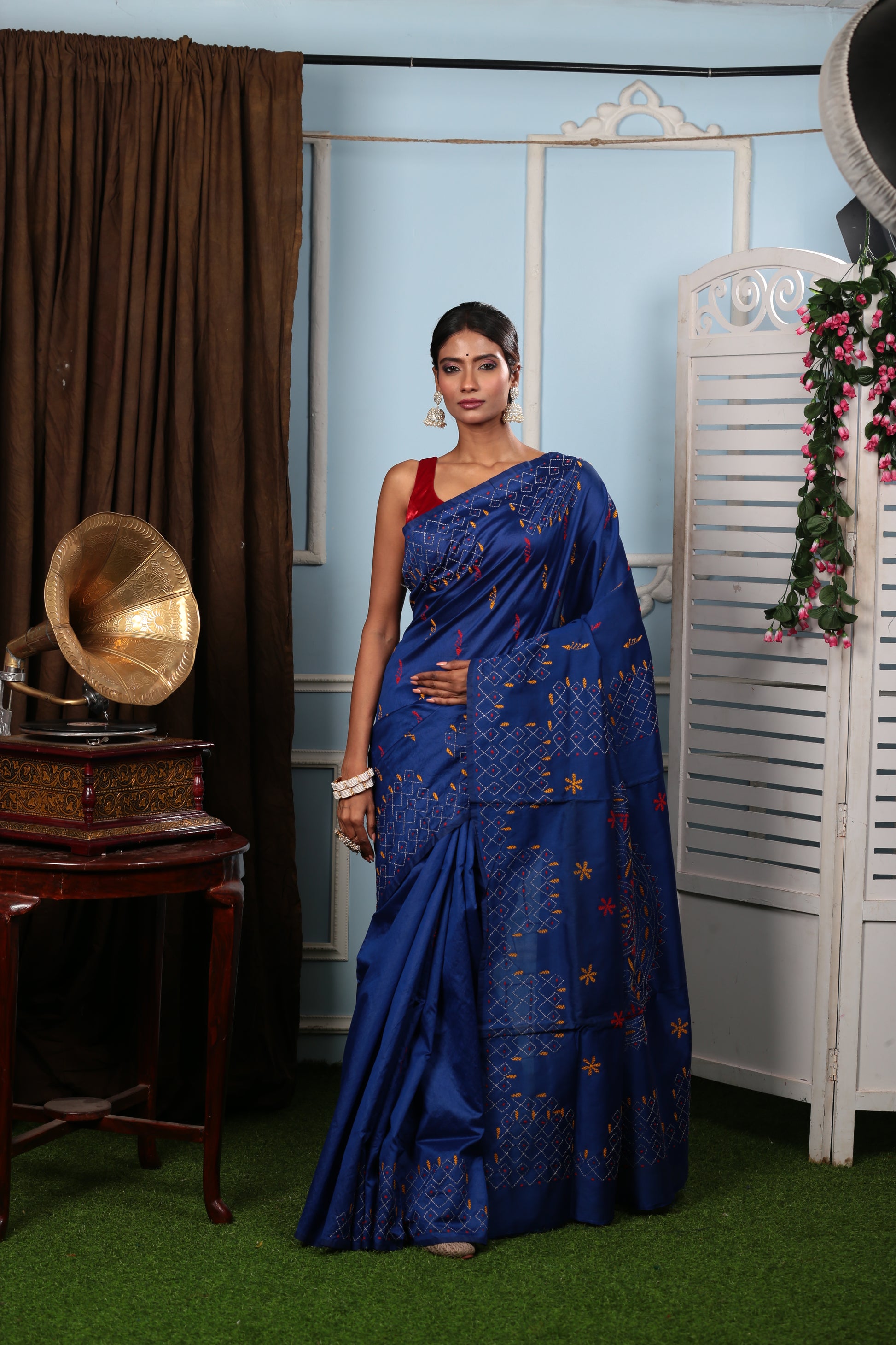 Royal blue Kantha saree with yellow and red embroidery, perfect for evening events. | Urbane Essence
