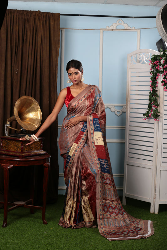 Elegant Temple Fabric blend saree in brown with colorful floral pallu, perfect for temple wear. | Urbane Essence