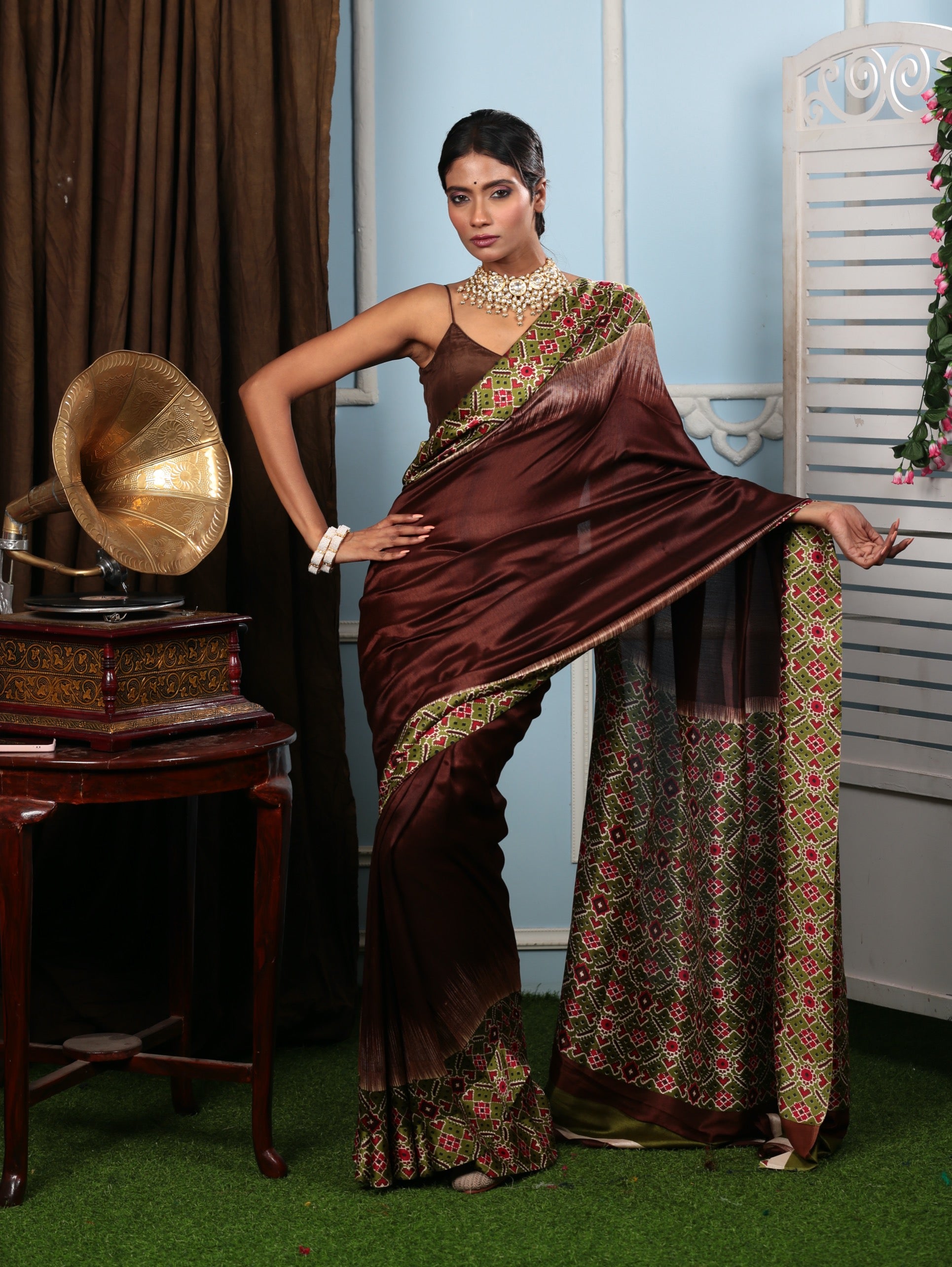 Brown blend silk saree with green and red geometric print border, perfect for festive occasions | Urbane Essence