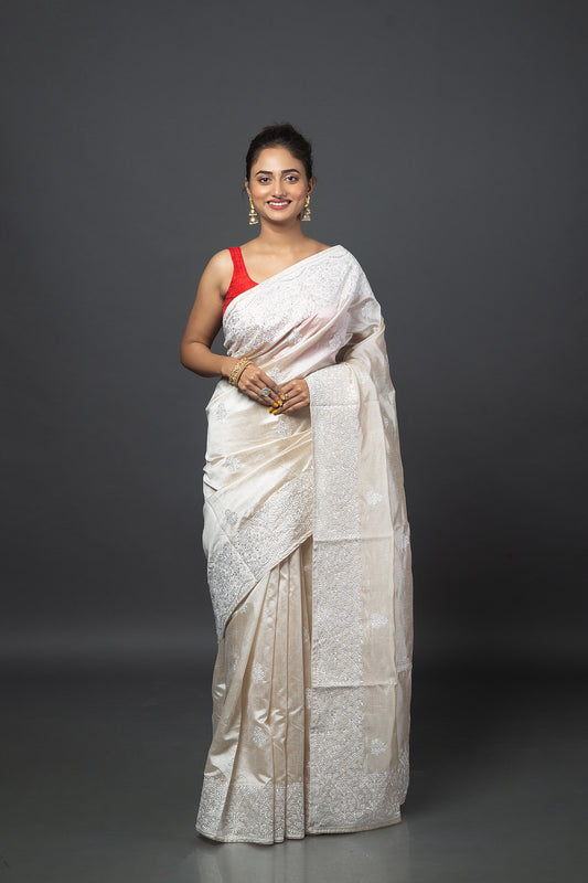 Moon-lit Mushroom Tussar Silk Saree