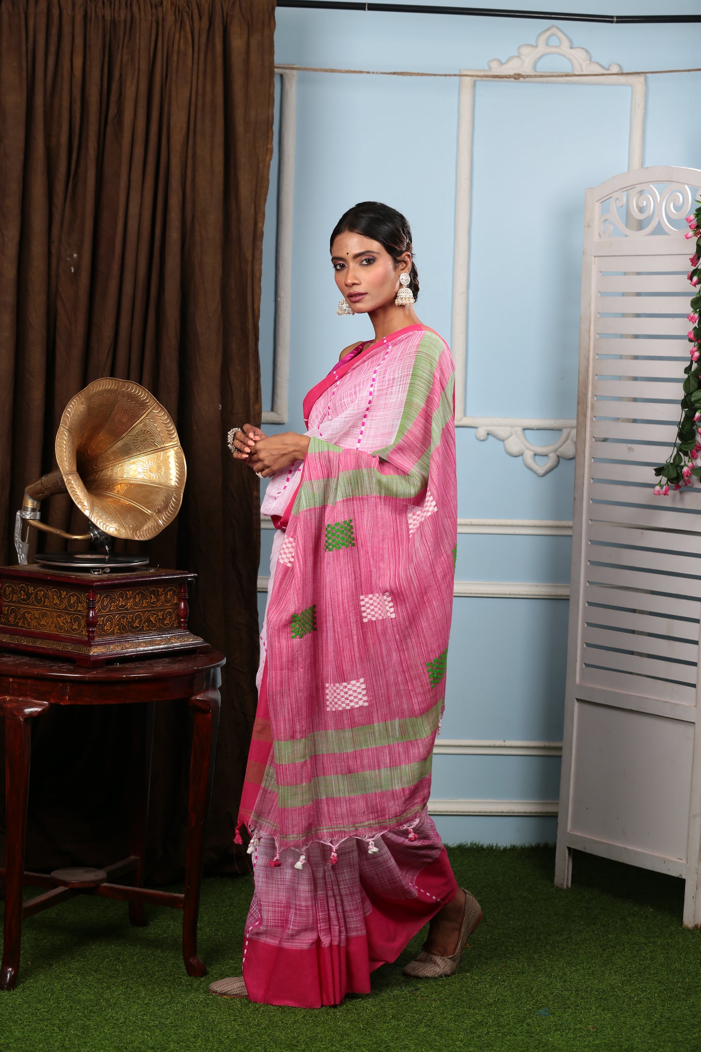 Pink Bengal Khadi saree with green stripes and white geometric motifs, perfect for festive wear. | Urbane Essence