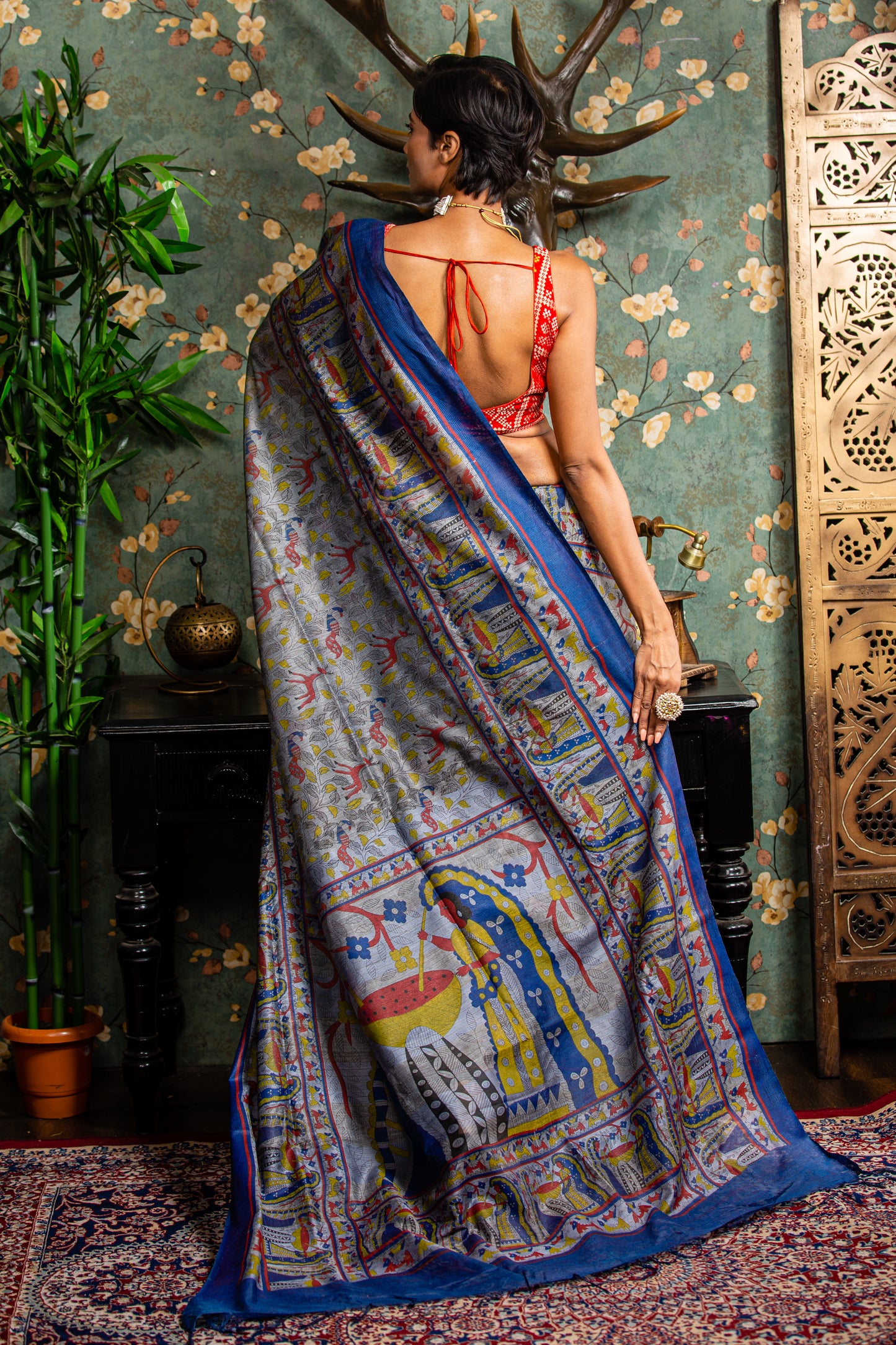 Vibrant Tussar silk saree with all-over Madhubani painting, perfect for special occasions. | Urbane Essence