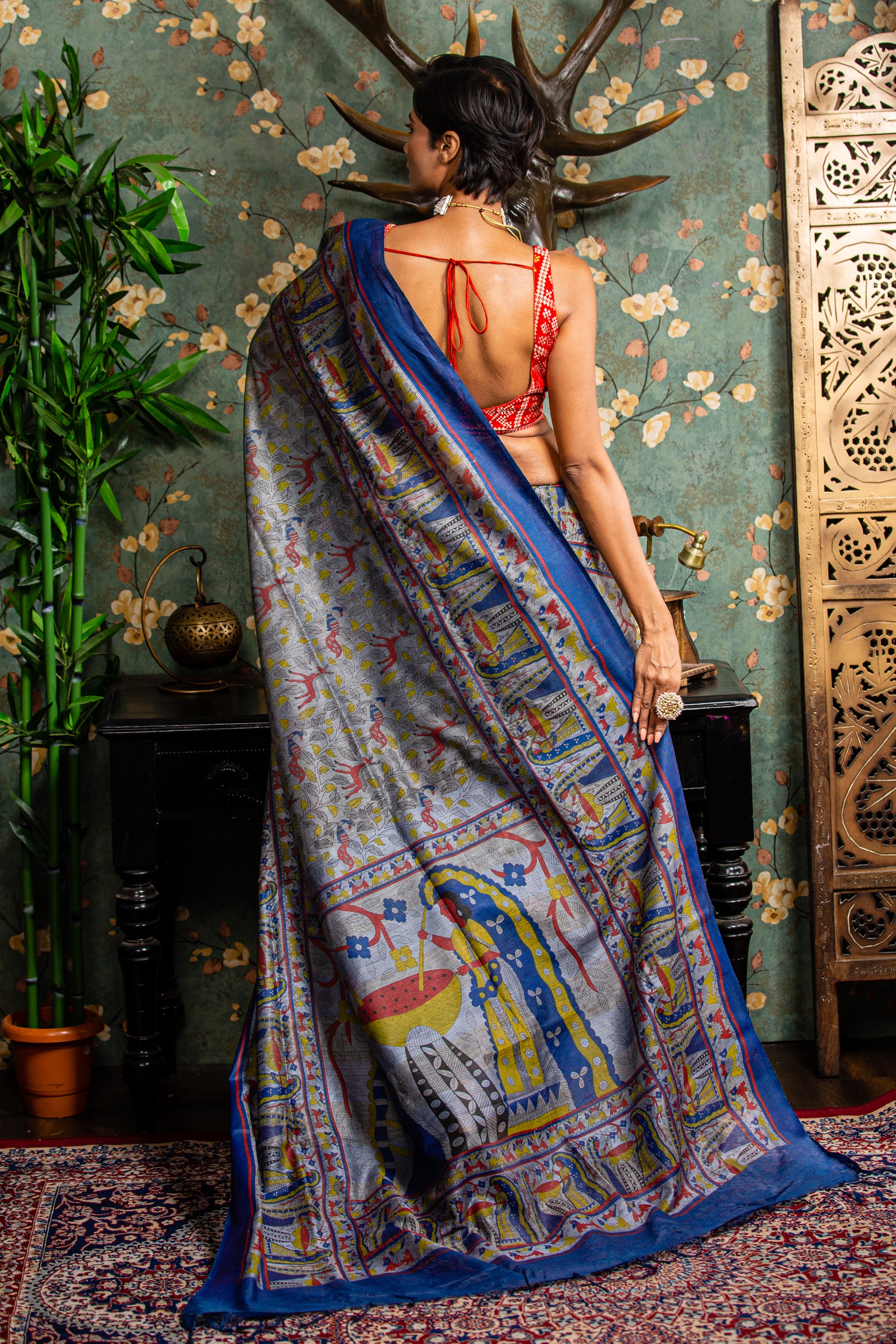 Vibrant Tussar silk saree with all-over Madhubani painting, perfect for special occasions. | Urbane Essence