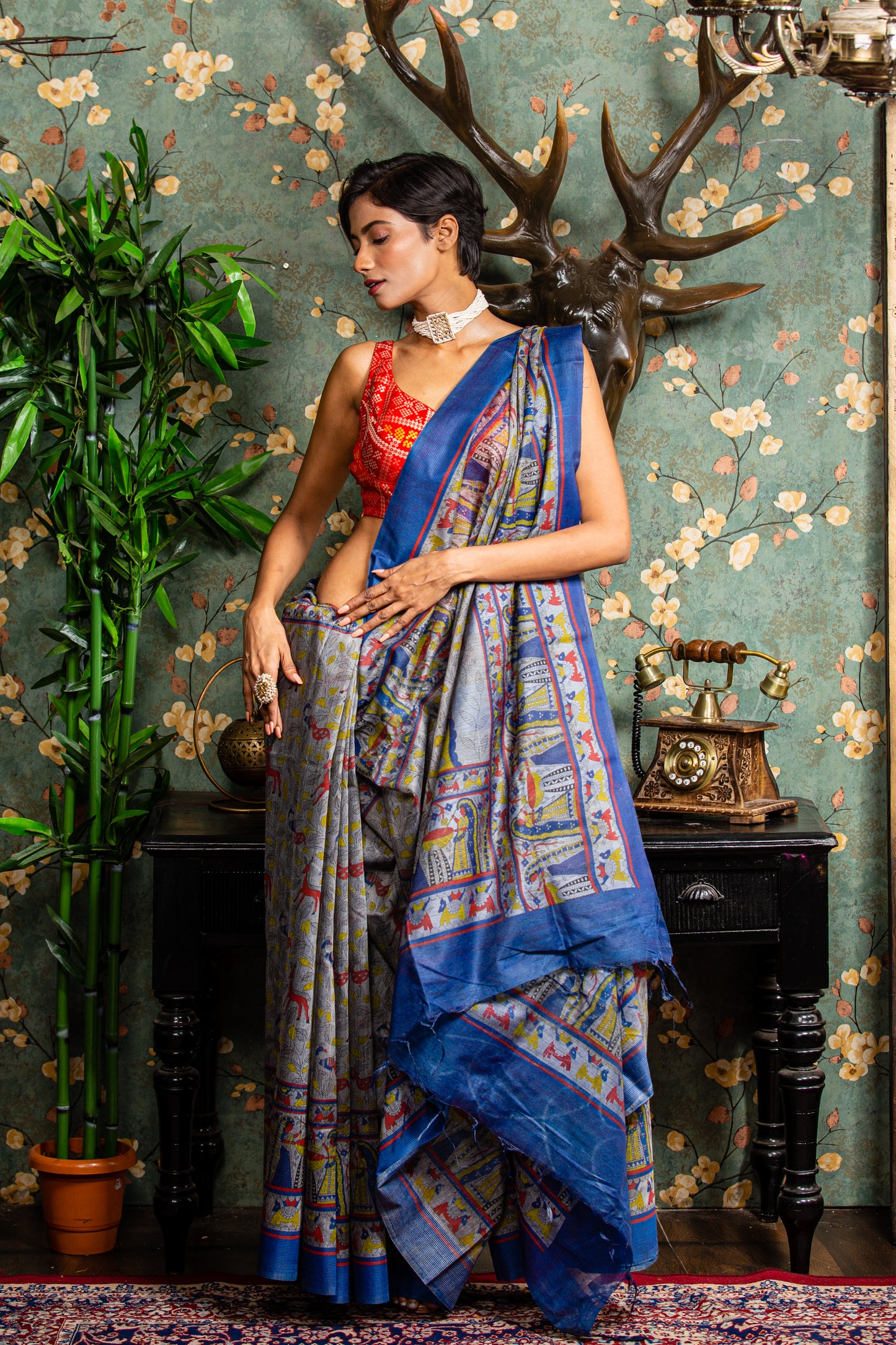 Elegant Tussar silk saree with all-over Madhubani painting, perfect for special occasions. | Urbane Essence