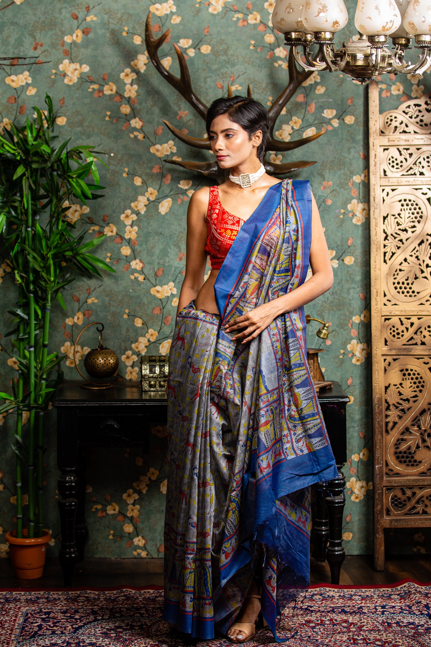 Elegant Tussar silk saree with all-over Madhubani painting, perfect for special occasions. | Urbane Essence