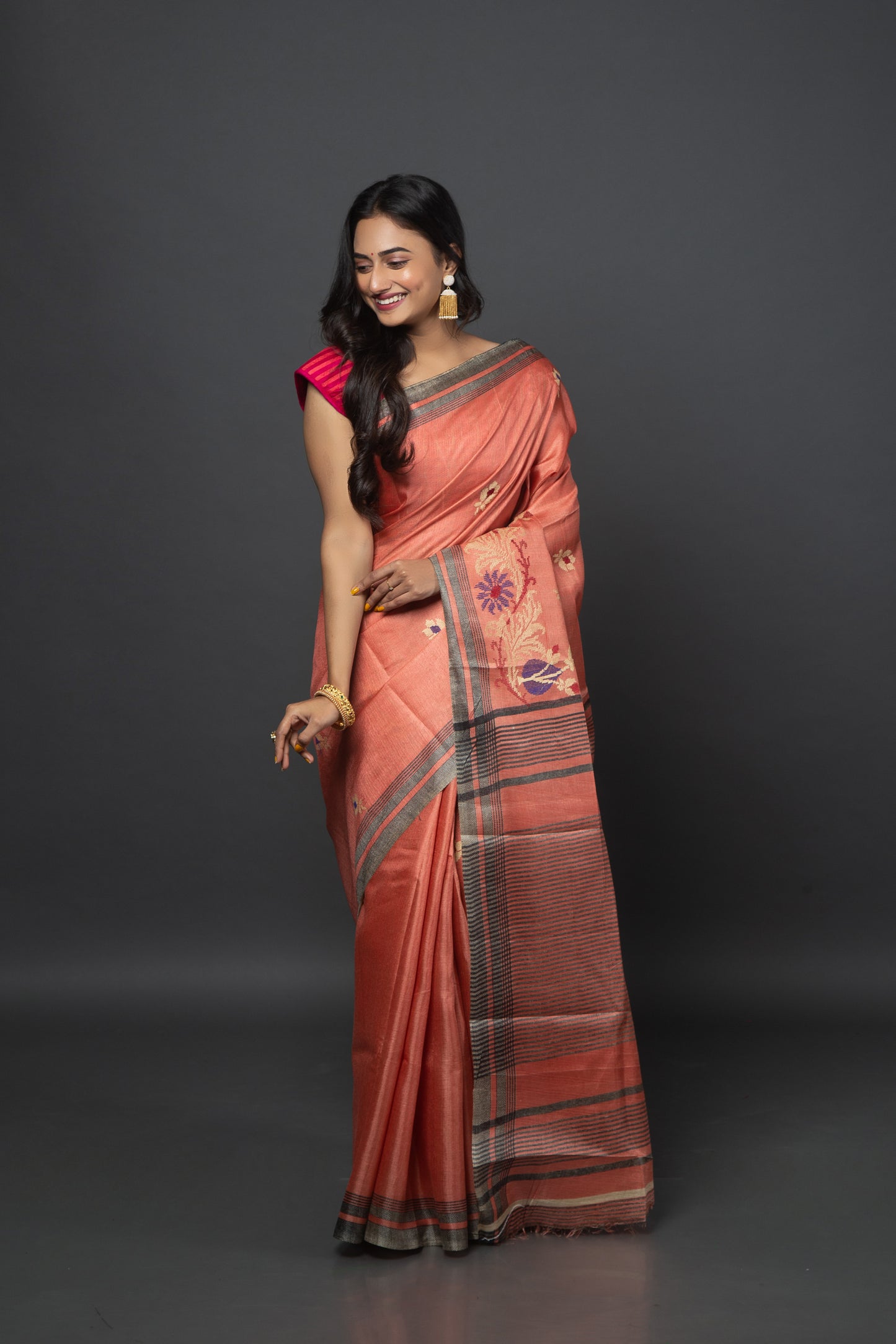 Peachy Love Affair Jute Saree