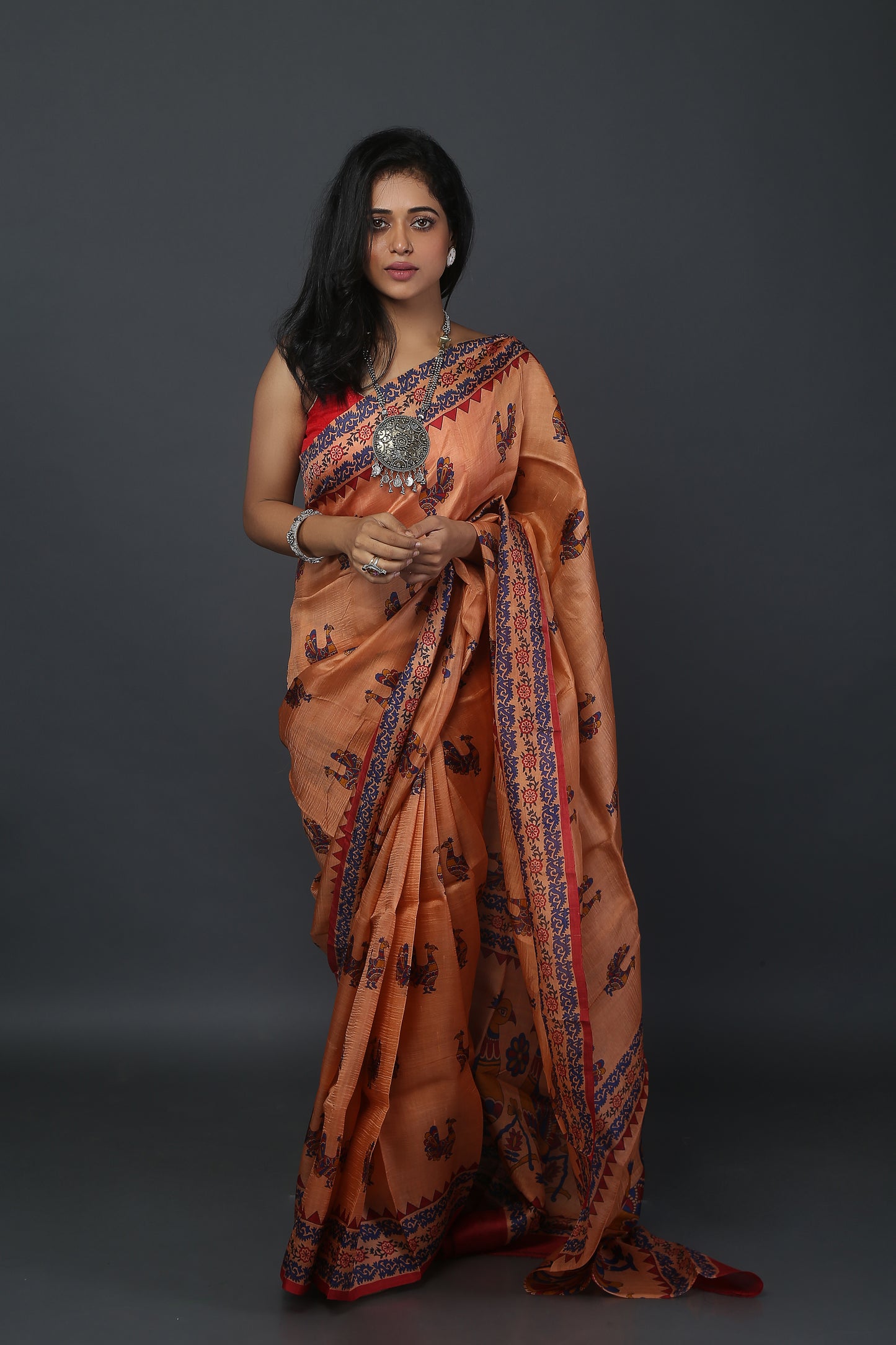 Peachy Peacock Mulberry Silk Saree