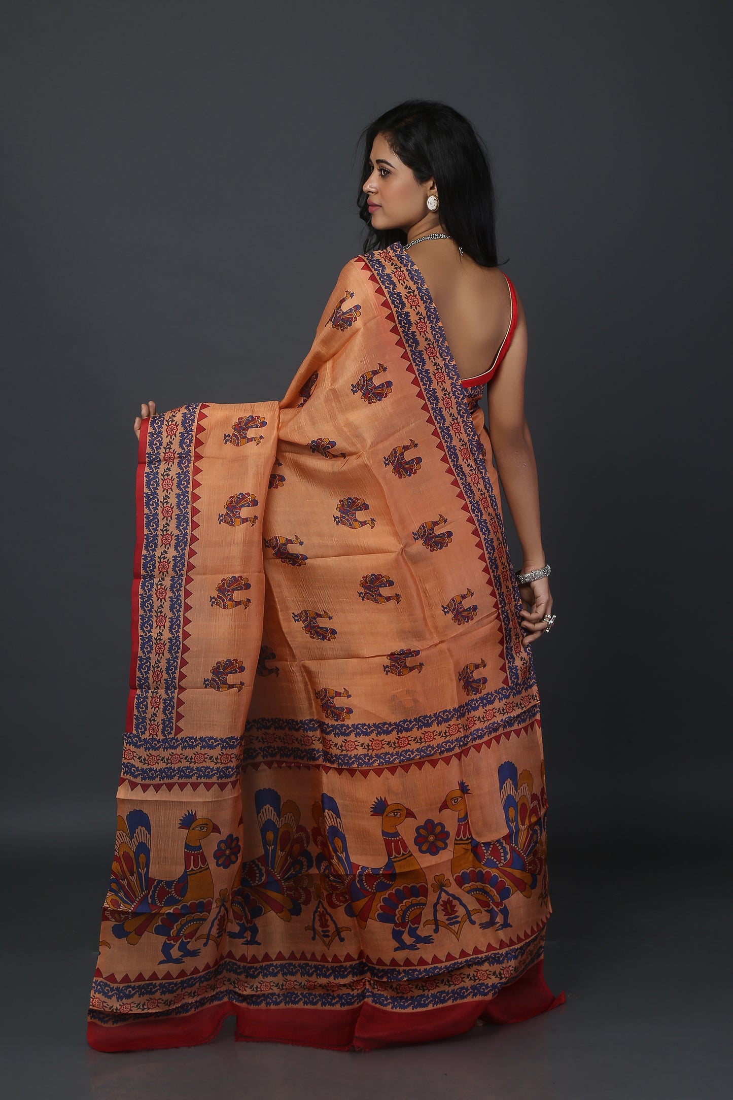 Peachy Peacock Mulberry Silk Saree