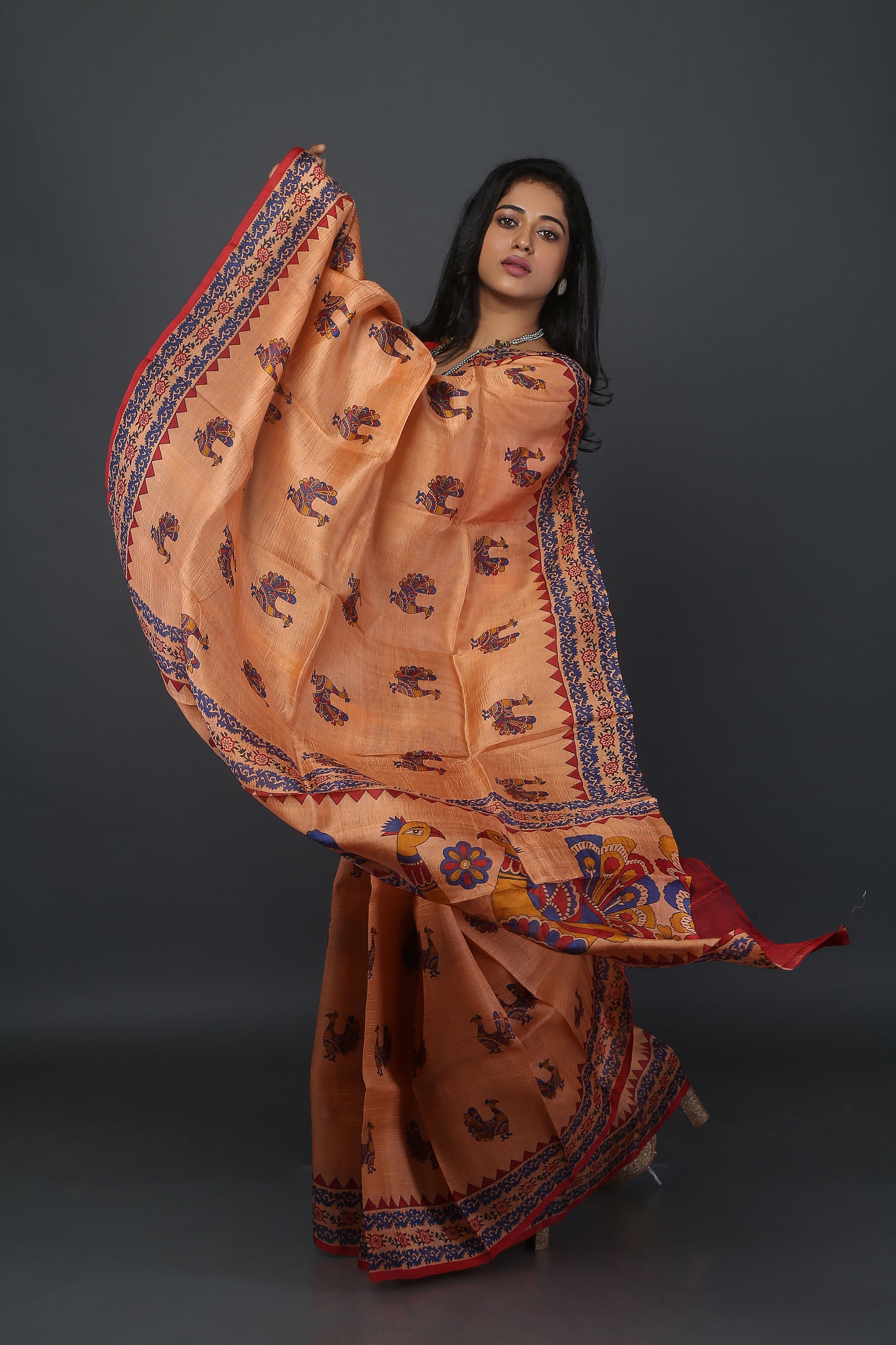 Peachy Peacock Mulberry Silk Saree
