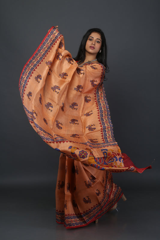 Peachy Peacock Mulberry Silk Saree