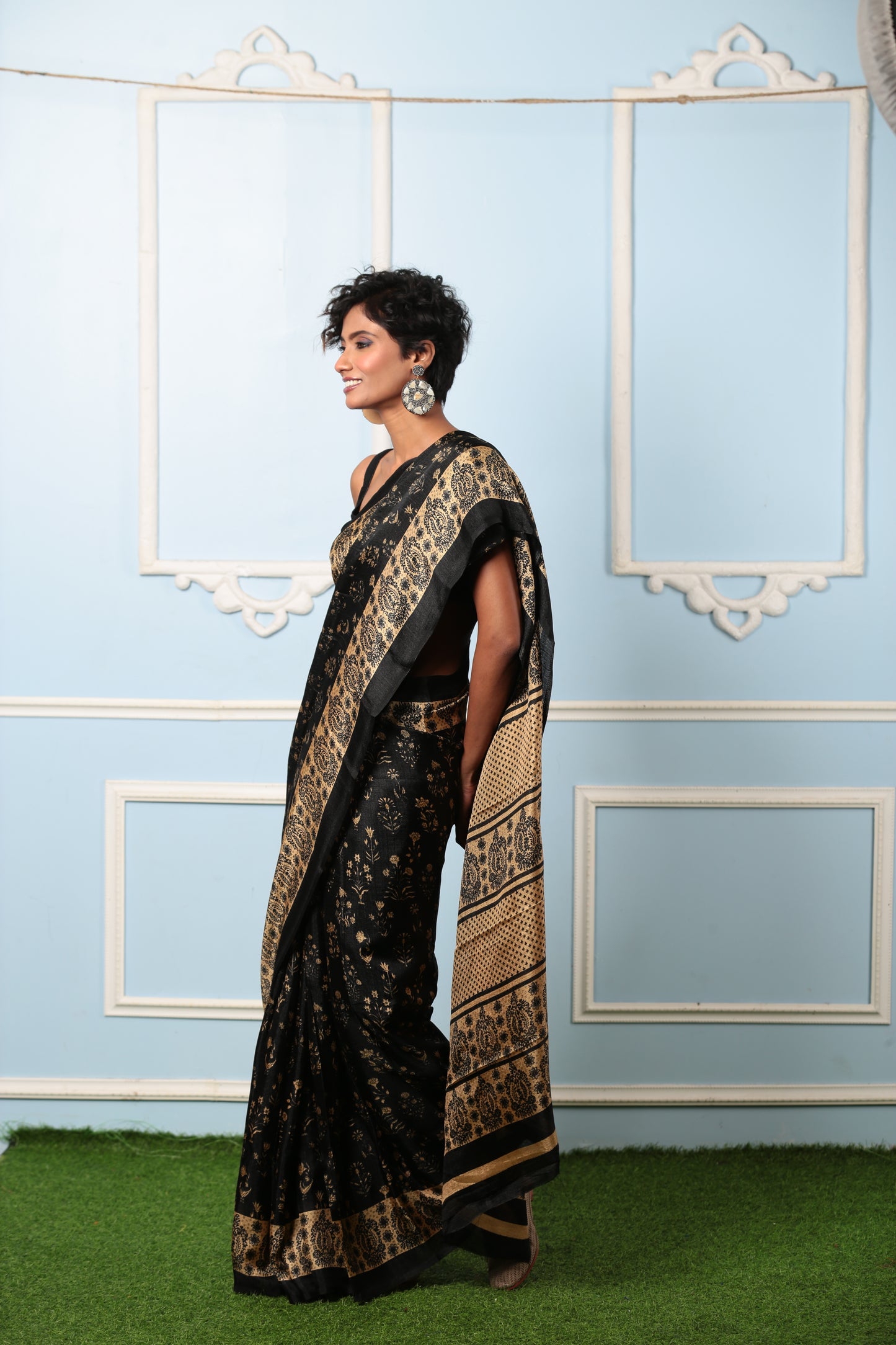 Black and beige Temple Fabric blend saree with prominent patterns, perfect for work. | Urbane Essence