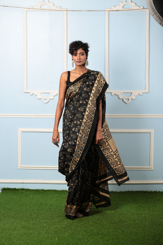 Black and beige Temple Fabric Blend Saree with prominent patterns, suitable for work. | Urbane Essence