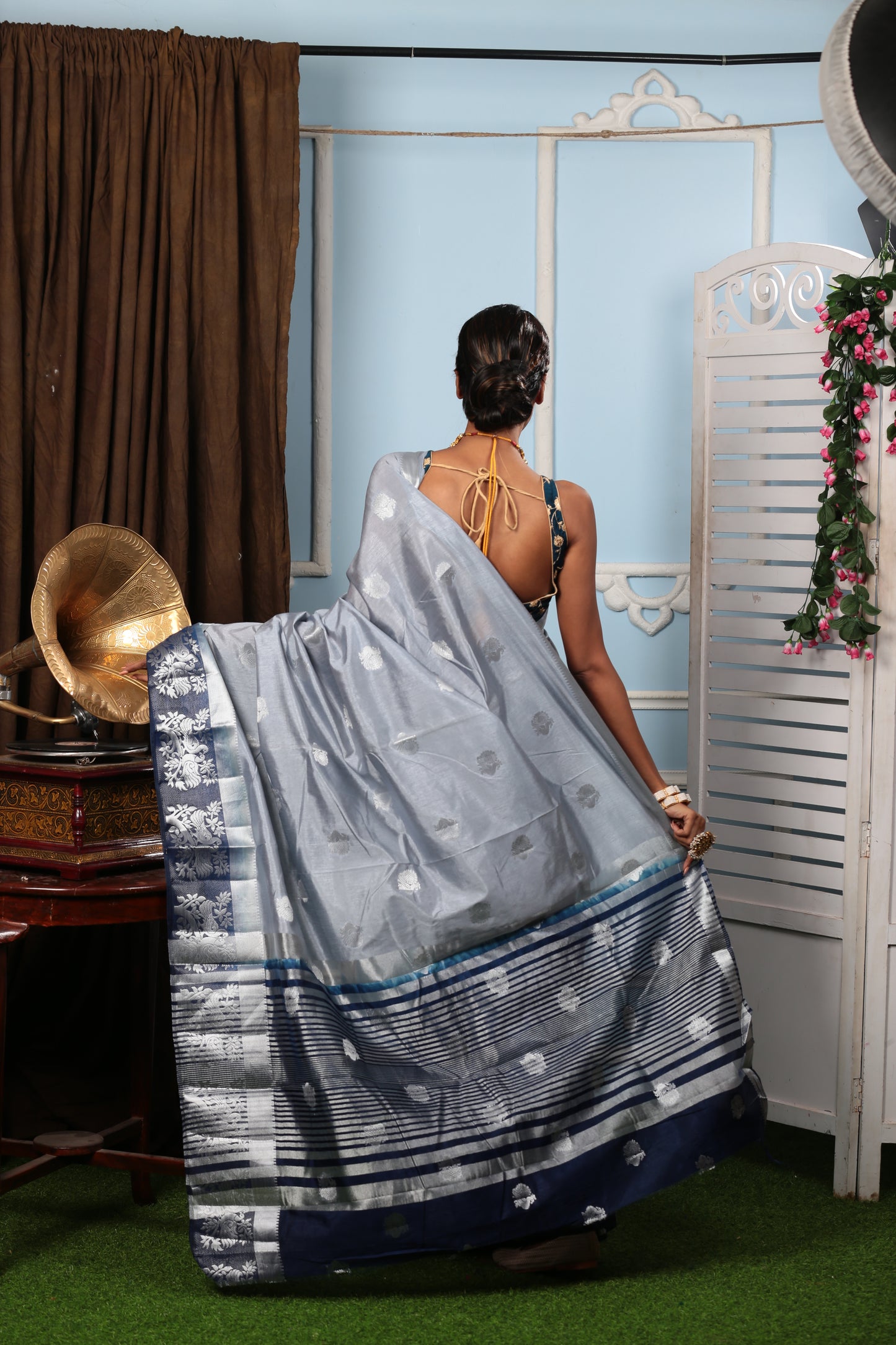 Gray raw silk South silk saree with silver motifs and striped pallu, perfect for professional events. | Urbane Essence