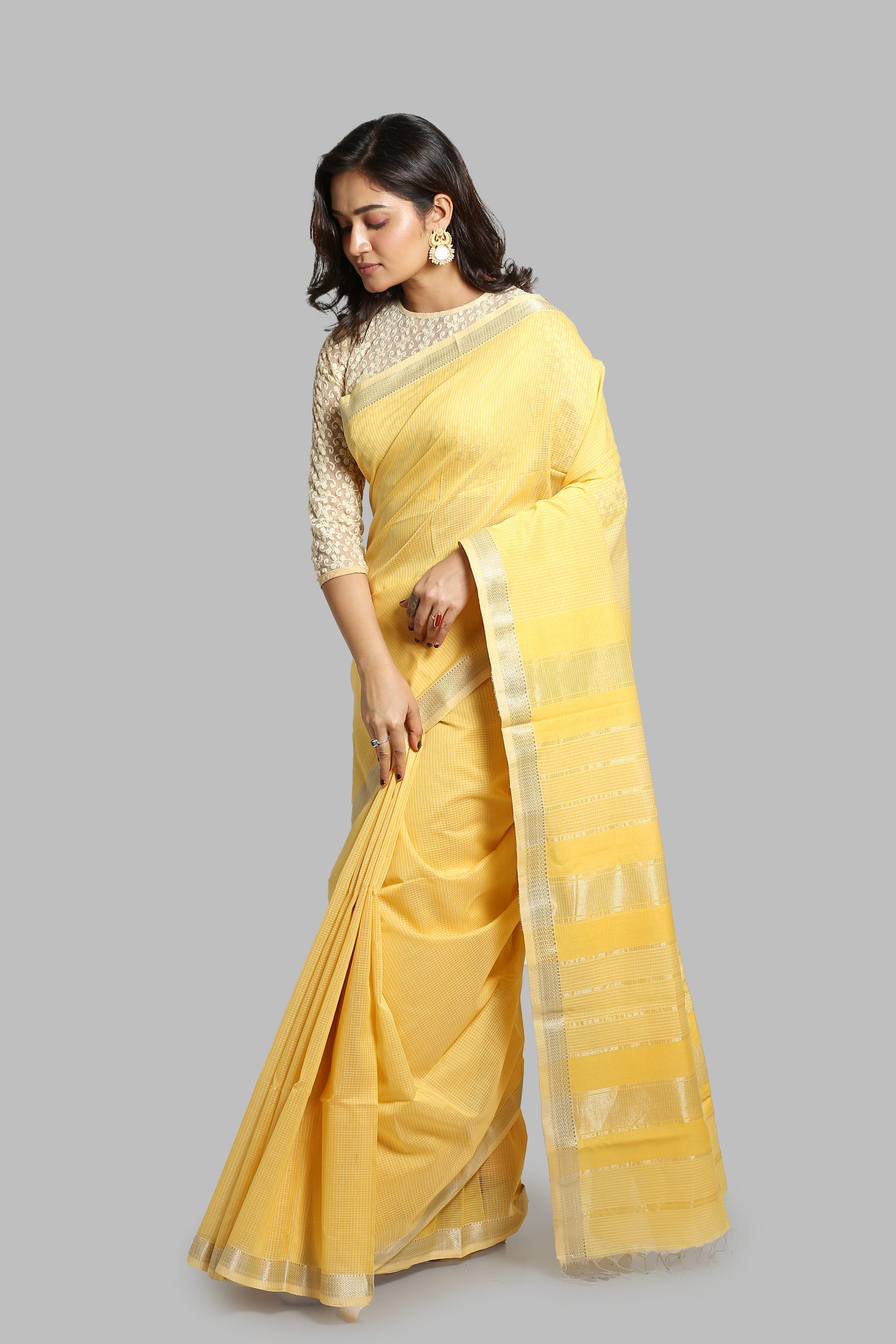 Bumblebee yellow tissue silk saree with thin silver zari border and horizontal pallu pattern, perfect for any affair | Urbane Essence