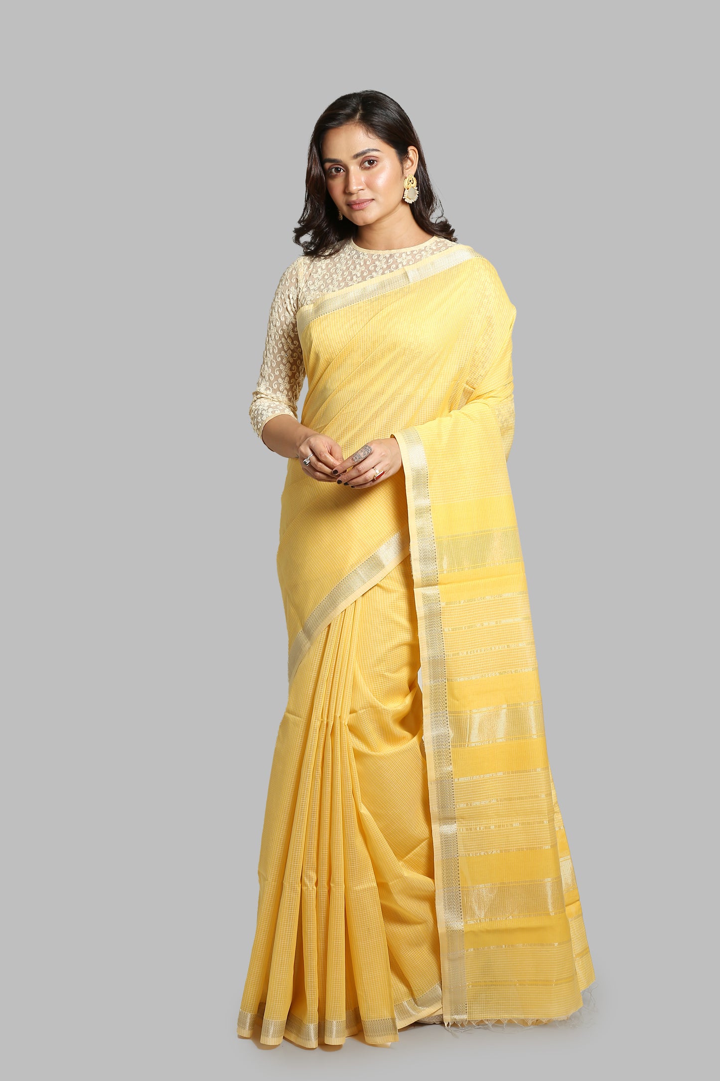 Bumblebee yellow tissue silk saree with thin silver zari border and horizontal zari pallu, perfect for any affair | Urbane Essence
