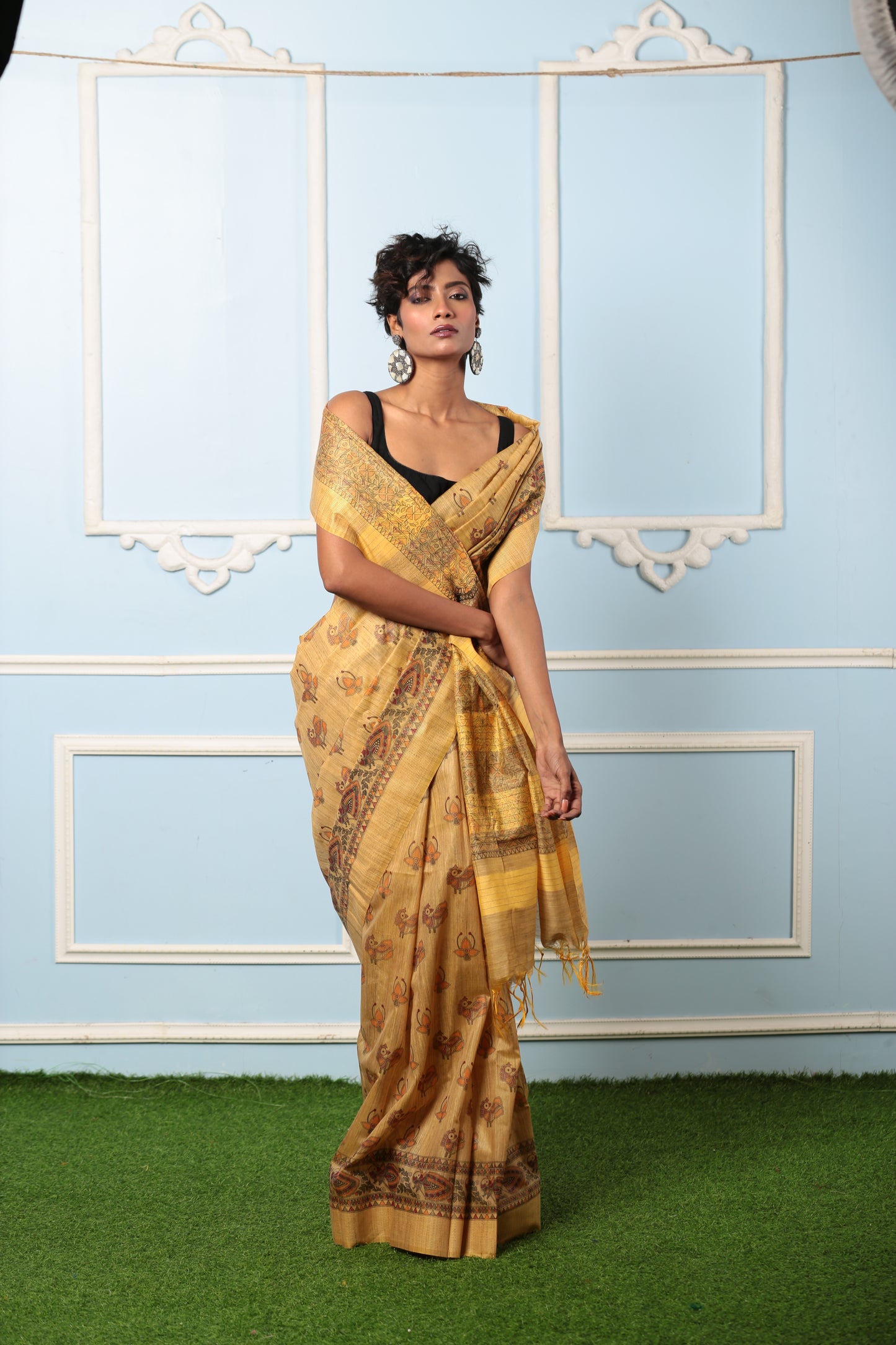 Golden Tussar silk digital print saree with traditional motifs, ideal for festive occasions. | Urbane Essence