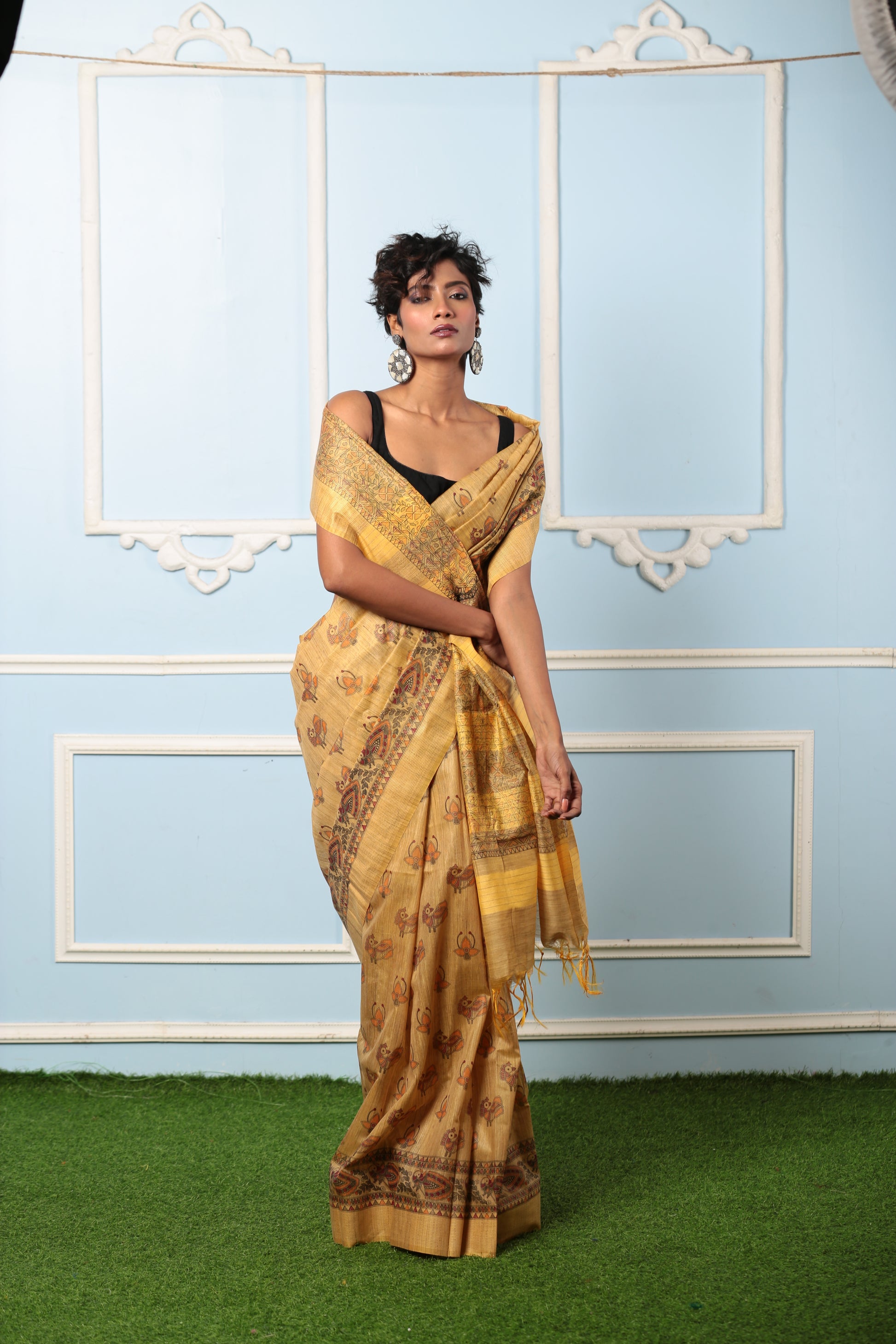 Golden Tussar silk digital print saree with traditional motifs, ideal for festive occasions. | Urbane Essence