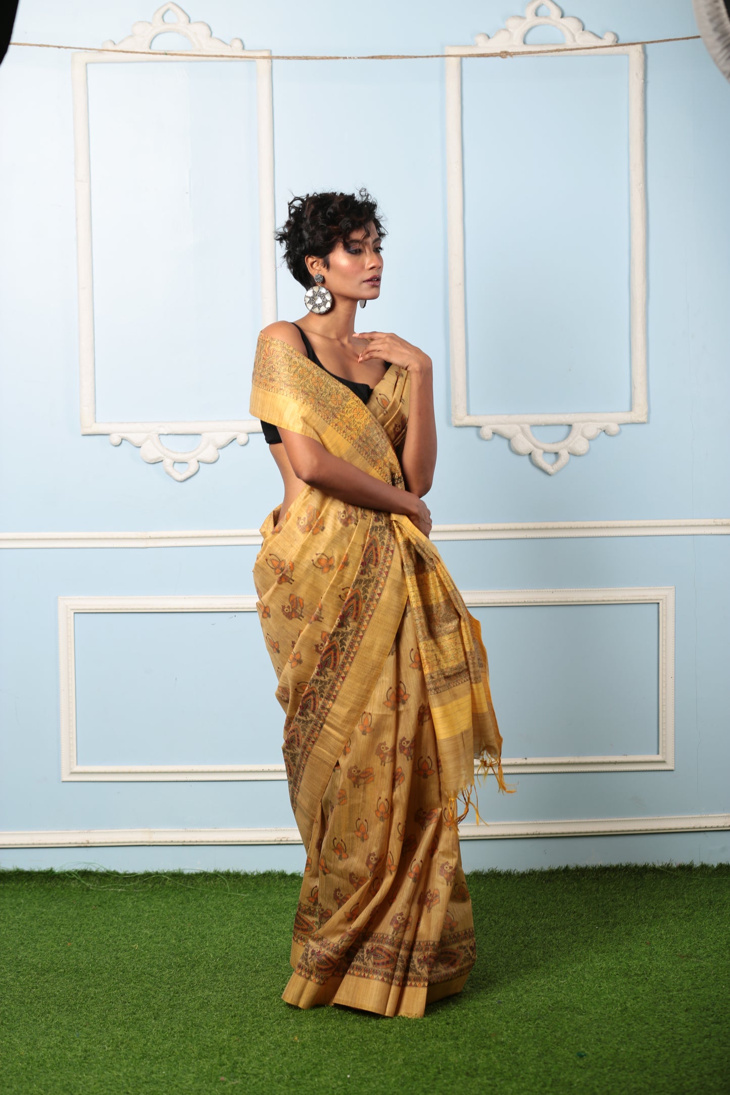 Golden yellow Tussar silk digital print saree with traditional motifs, perfect for festive wear. | Urbane Essence