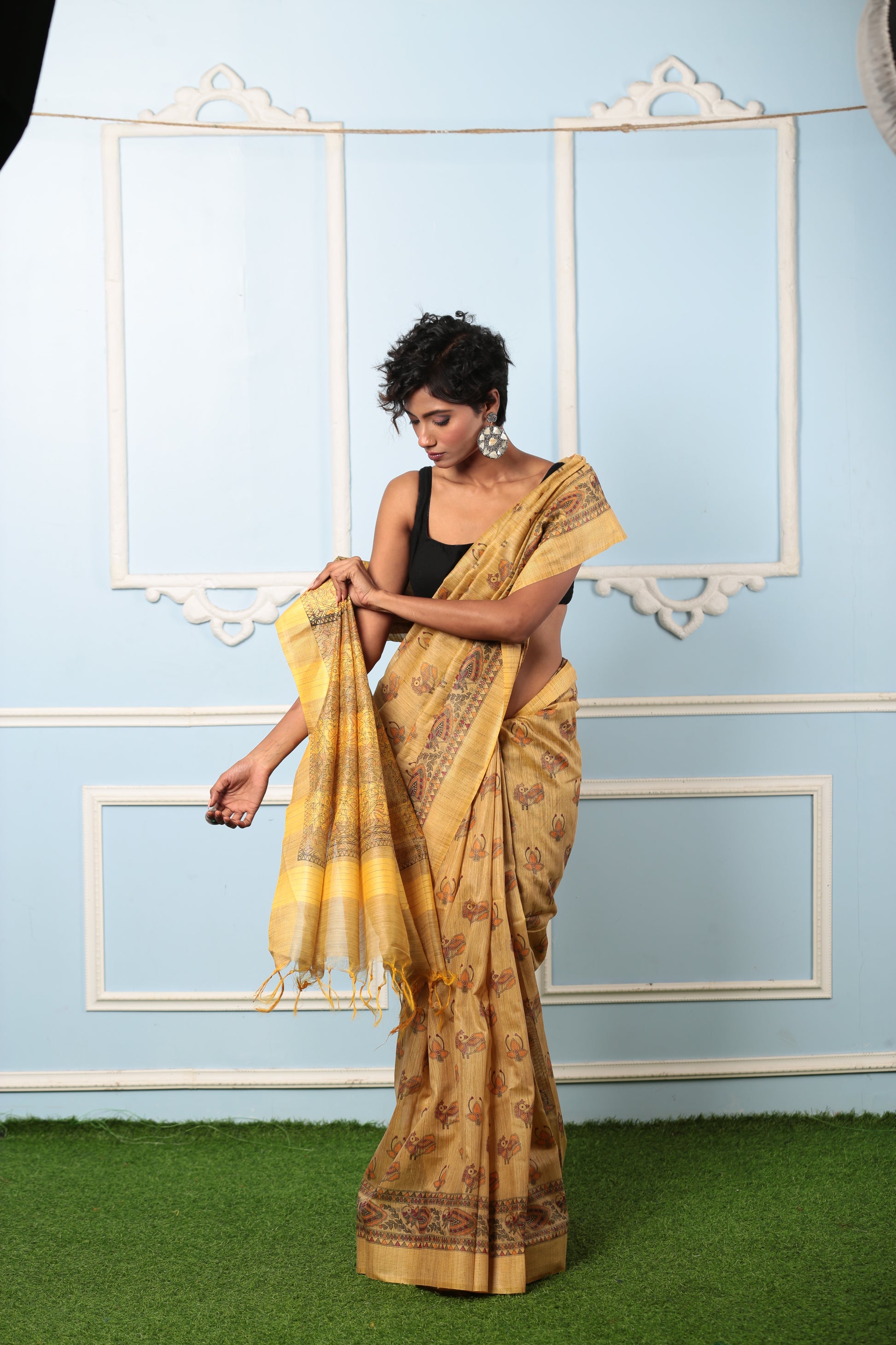 Mustard yellow Tussar silk digital print saree with traditional motifs, perfect for festive occasions | Urbane Essence