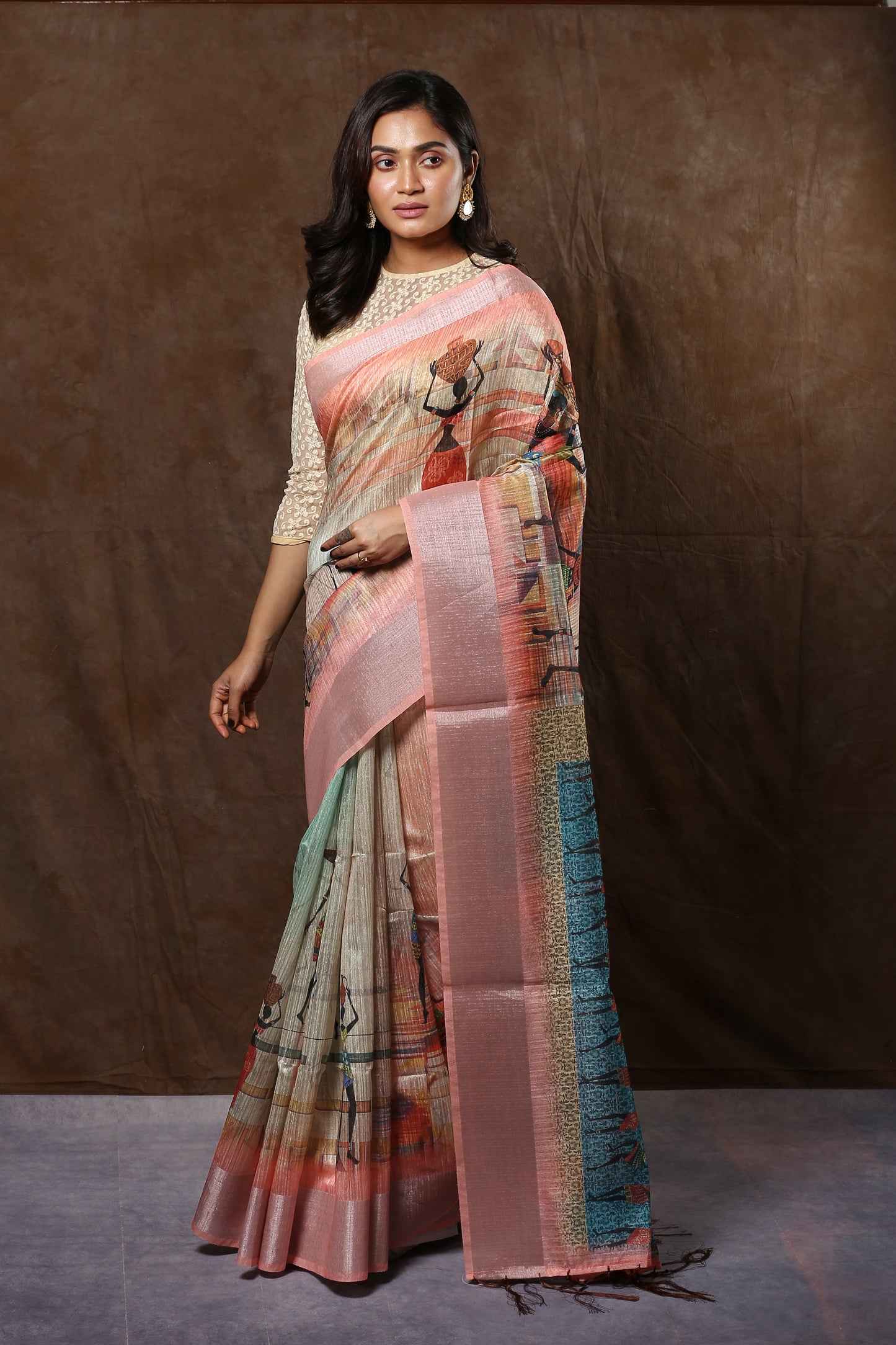 Raw silk saree with ancient wall painting figures & Kolka pallu, perfect for traditional weddings | Urbane Essence