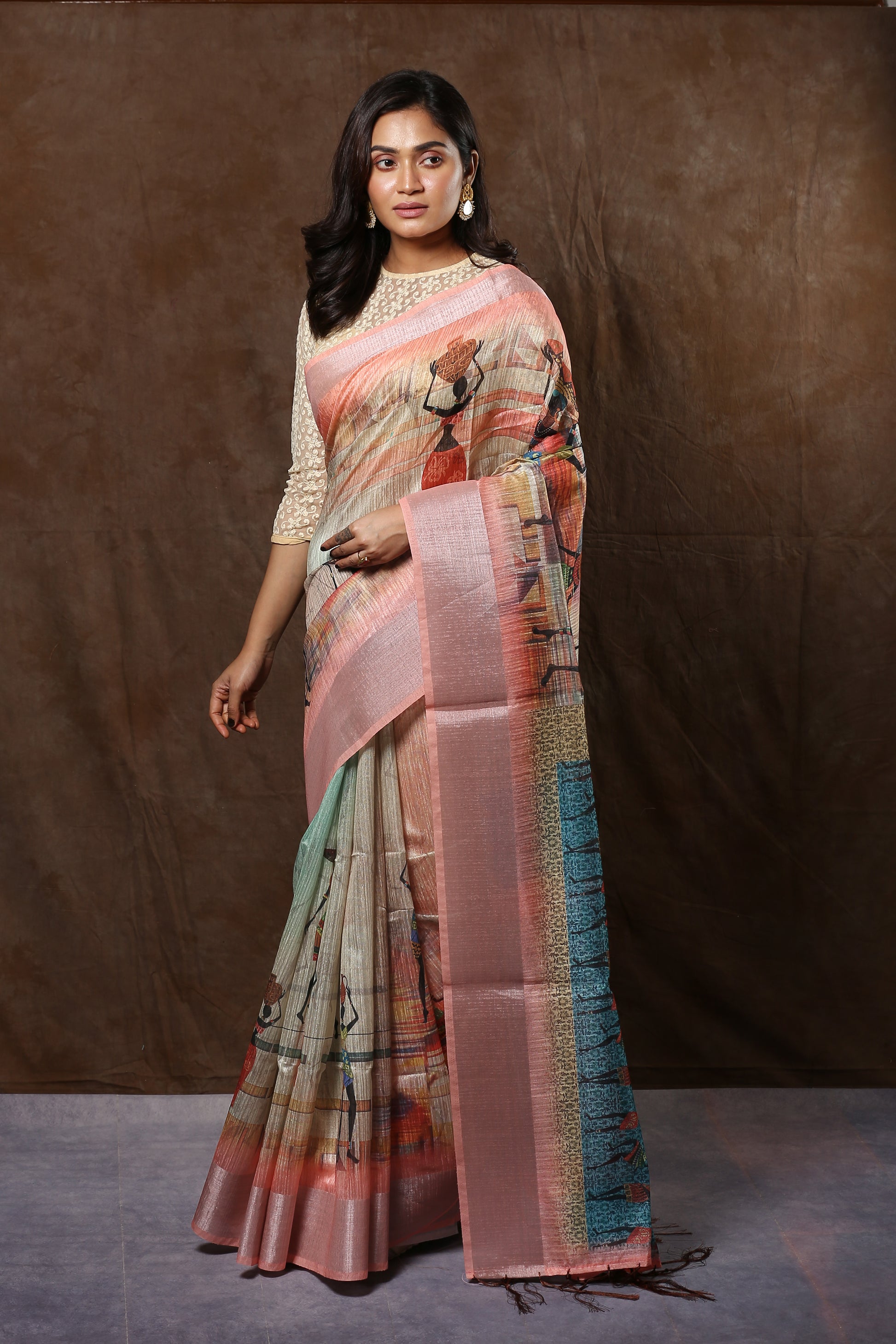 Raw silk saree with ancient wall painting figures & Kolka pallu, perfect for traditional weddings | Urbane Essence