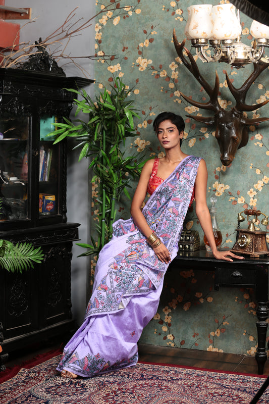 Mauve Tussar silk Madhubani painting saree for festive occasions. | Urbane Essence