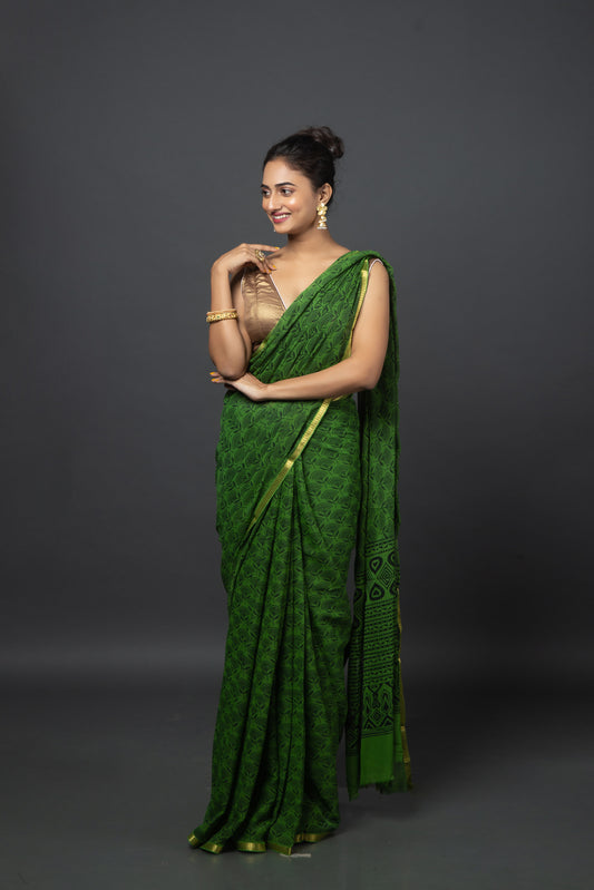Solid Green Chiffon Saree