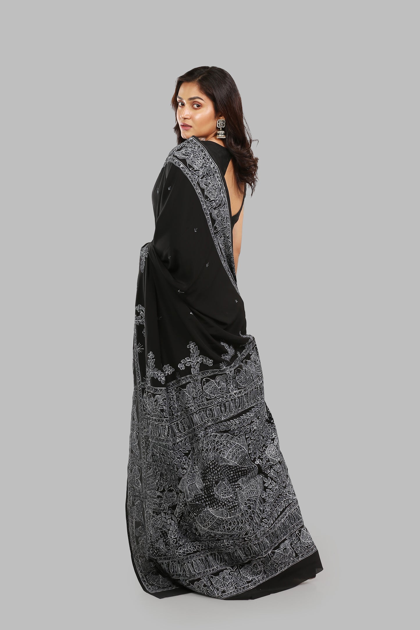 Spiritually Charcoal Madhubani Painting Saree