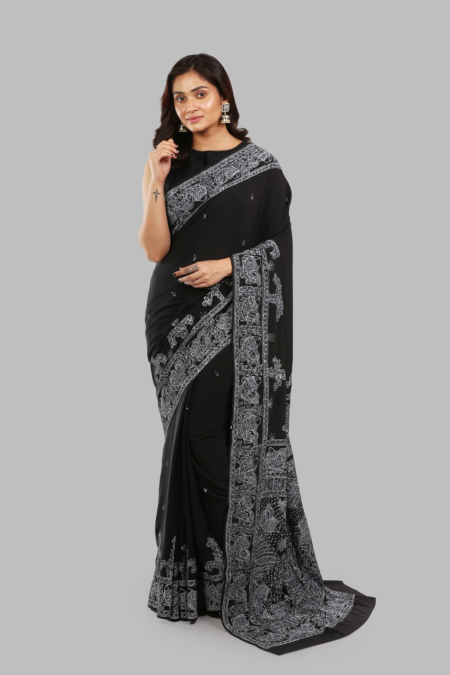 Spiritually Charcoal Madhubani Painting Saree