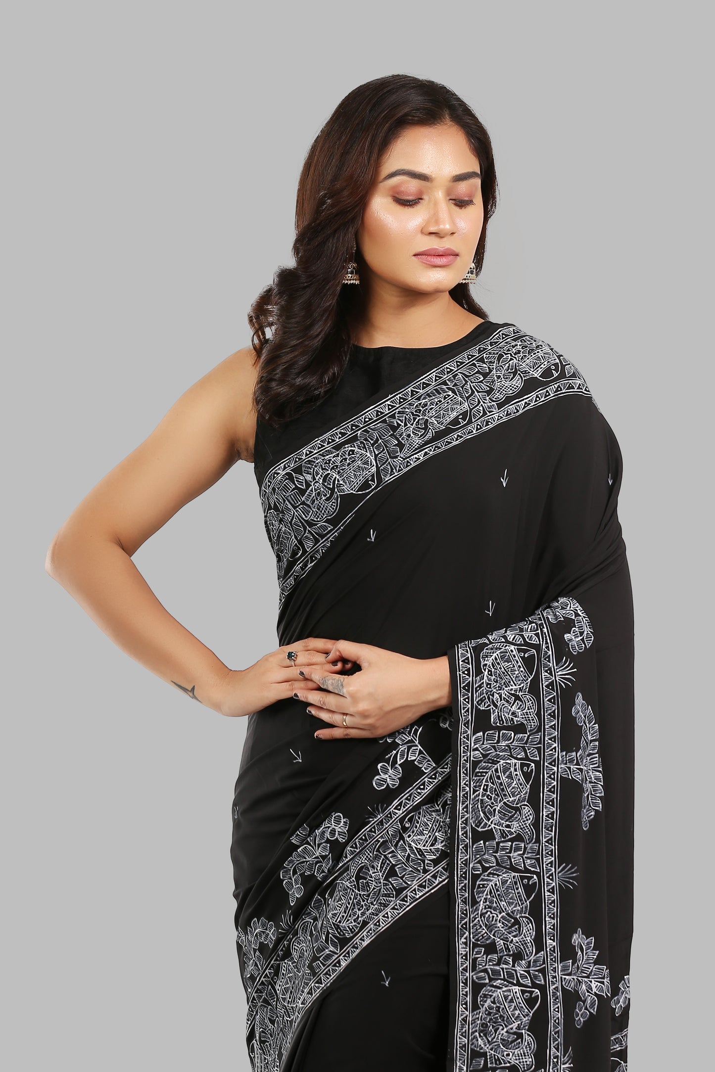 Spiritually Charcoal Madhubani Painting Saree