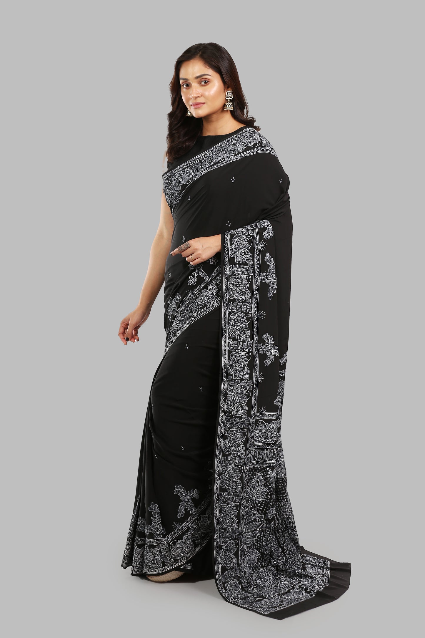 Spiritually Charcoal Madhubani Painting Saree