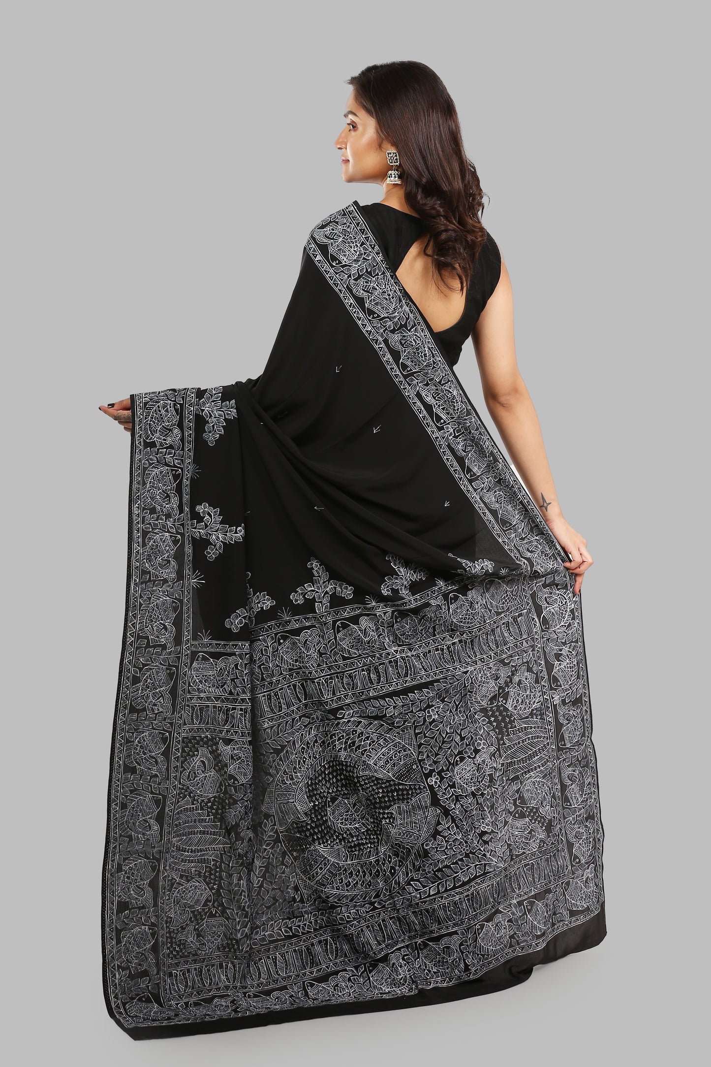 Spiritually Charcoal Madhubani Painting Saree