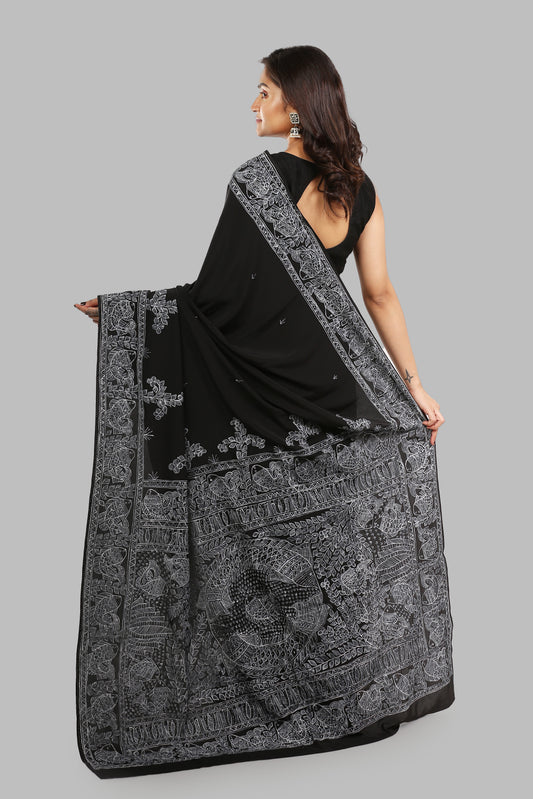 Spiritually Charcoal Madhubani Painting Saree