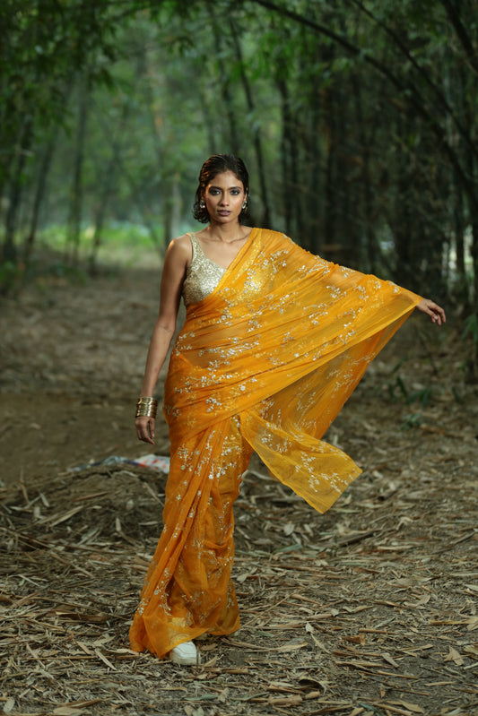 Mustard Organza Saree with golden threaded patterns, Karnataka craft, perfect for special occasions. | Urbane Essence
