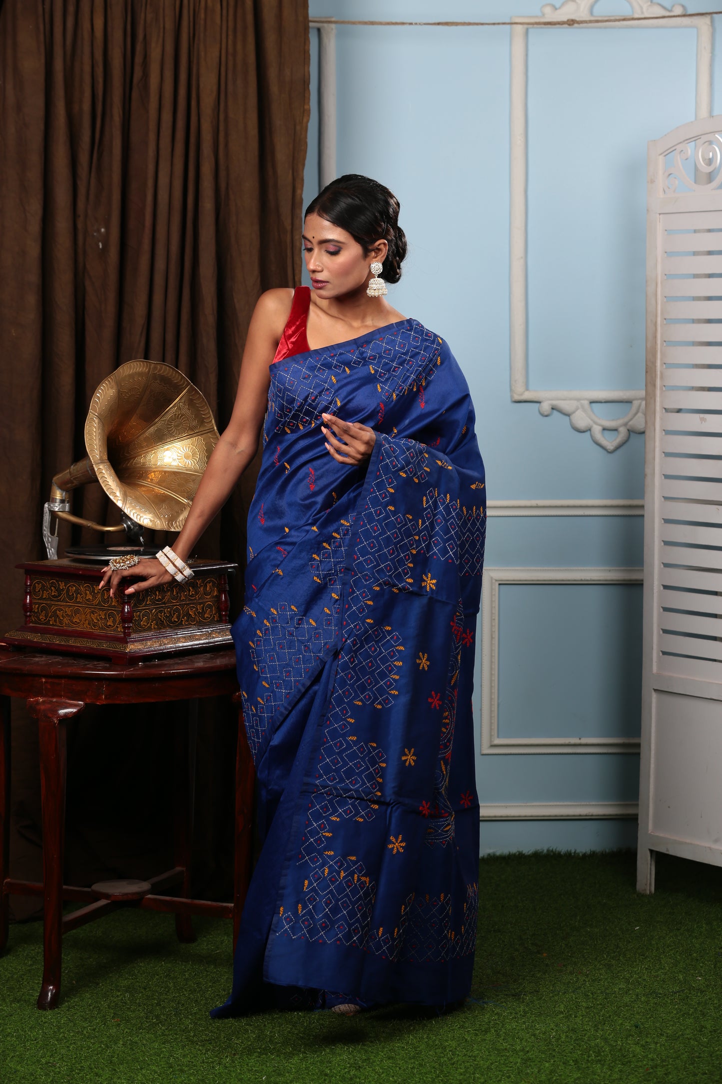Blue cotton Kantha saree with yellow and green embroidery, ideal for a girls' day out or cocktail event | Urbane Essence