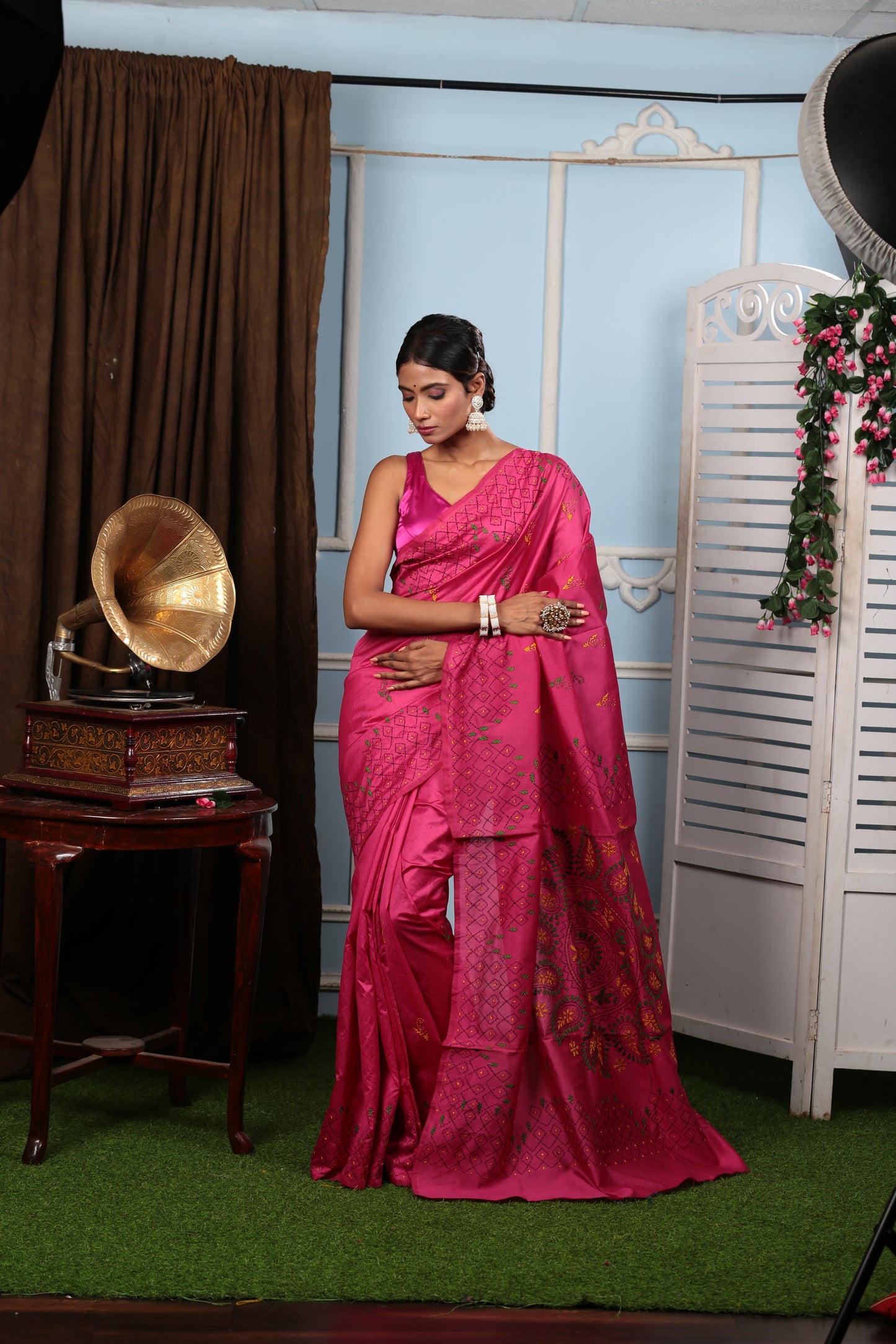 Pink cotton Kantha saree with yellow-green designs, ideal for girls' day out or cocktail event | Urbane Essence