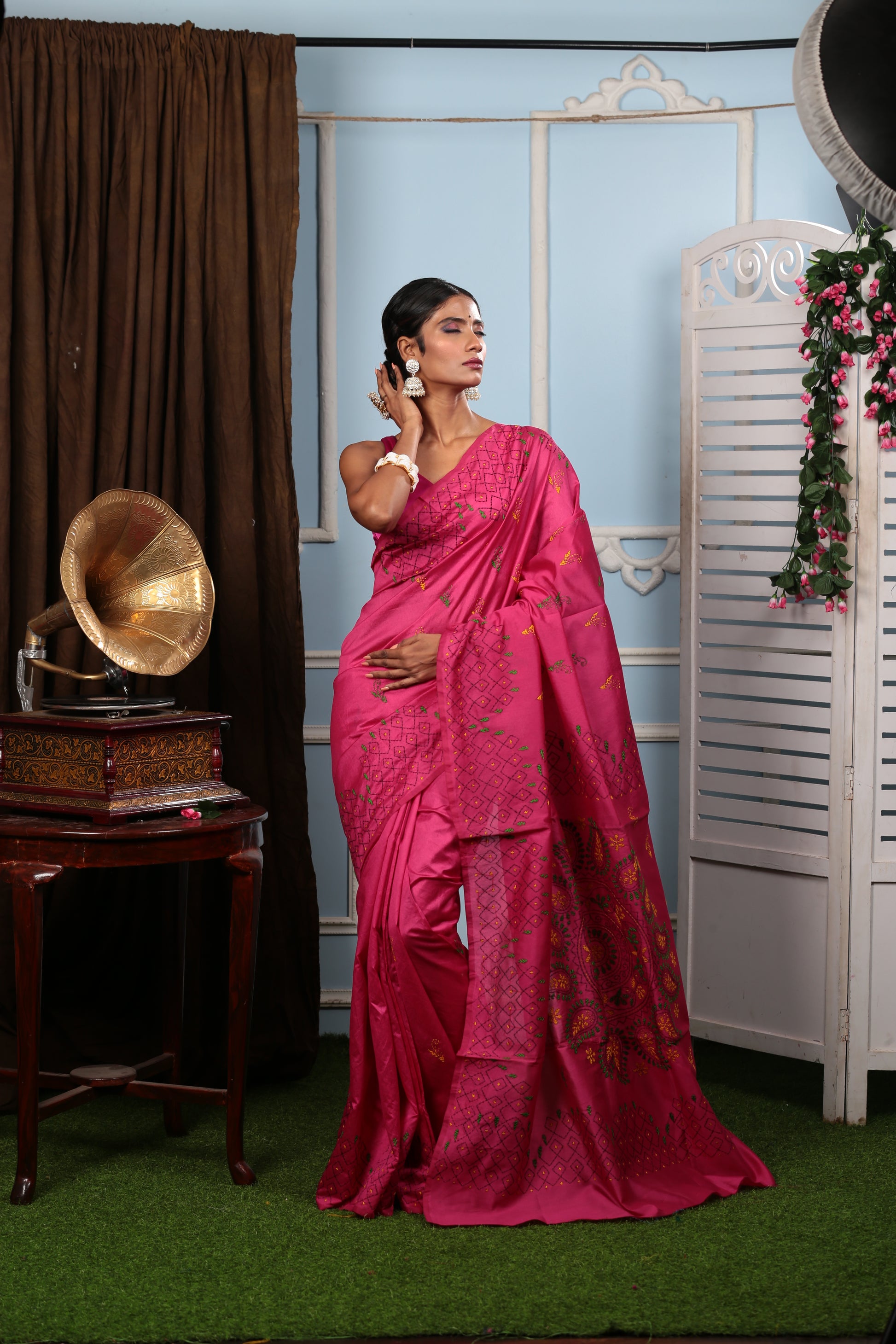 Pink cotton Kantha saree with yellow-green designs, ideal for girls' day out or cocktail event | Urbane Essence
