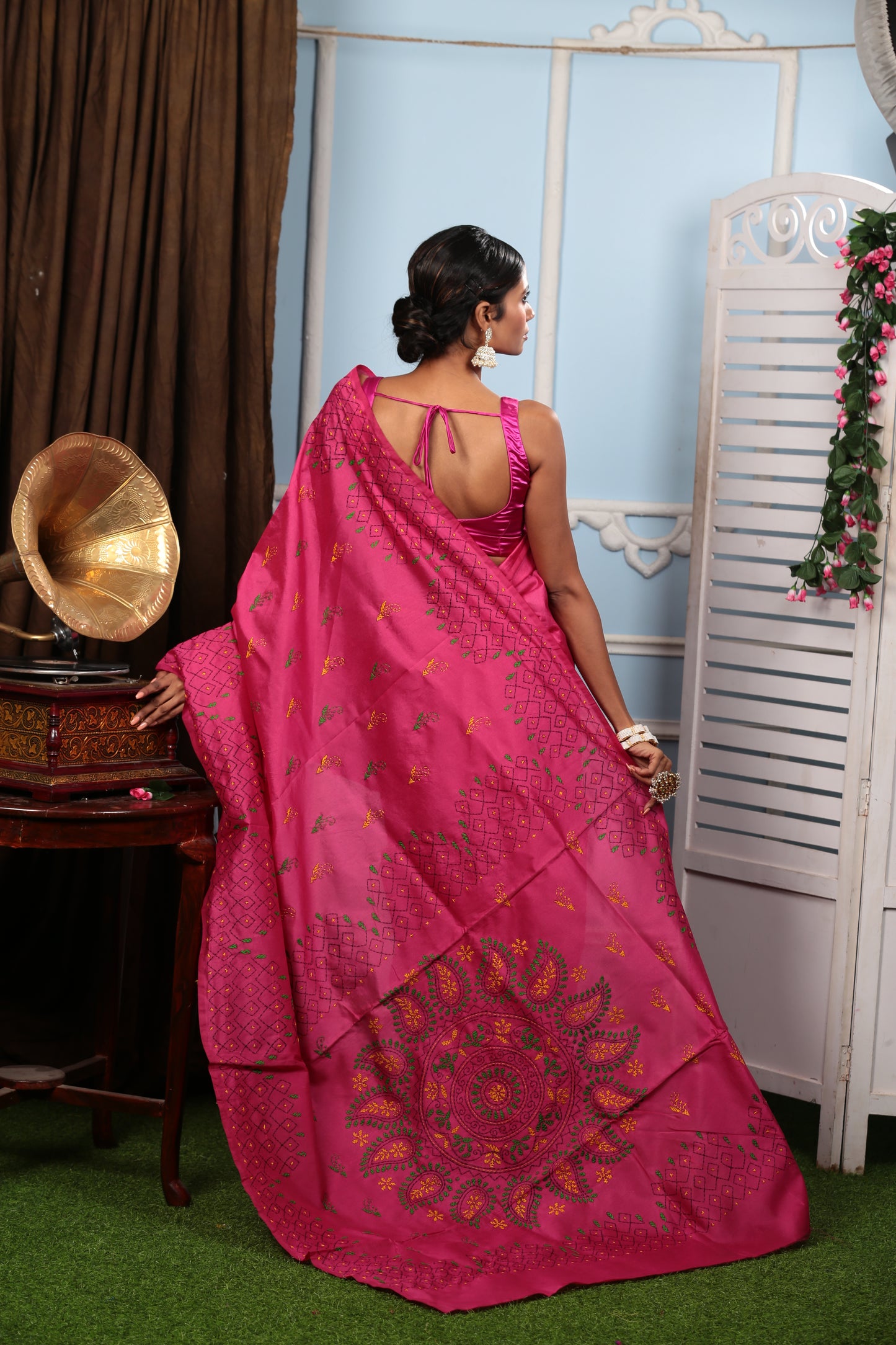 Pink cotton Kantha saree with yellow and green designs, ideal for a girls' day out or cocktail event | Urbane Essence