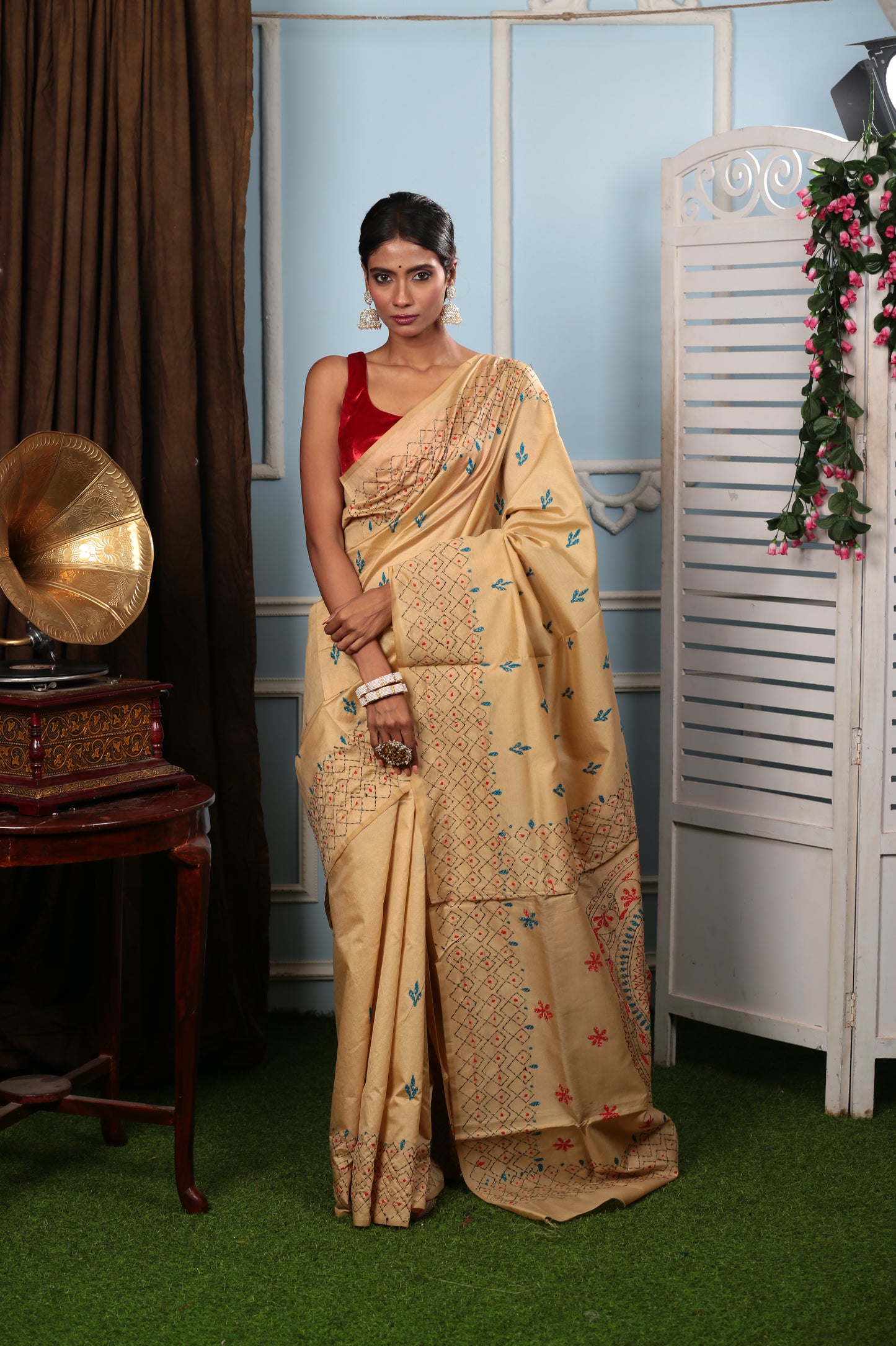 Beige cotton Kantha saree with yellow/green designs, ideal for girls' day out or cocktail event | Urbane Essence