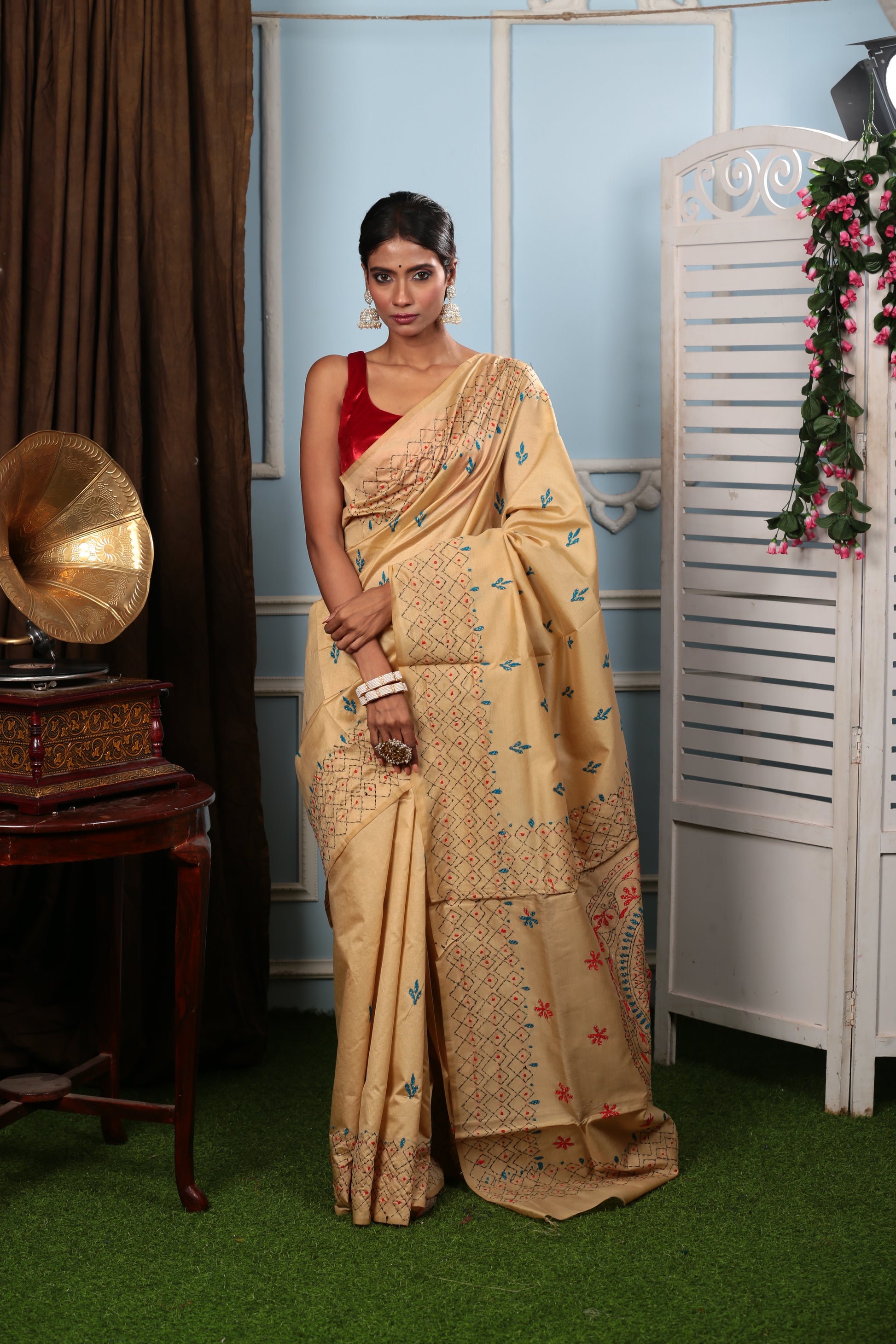 Beige cotton Kantha saree with yellow/green designs, ideal for girls' day out or cocktail event | Urbane Essence