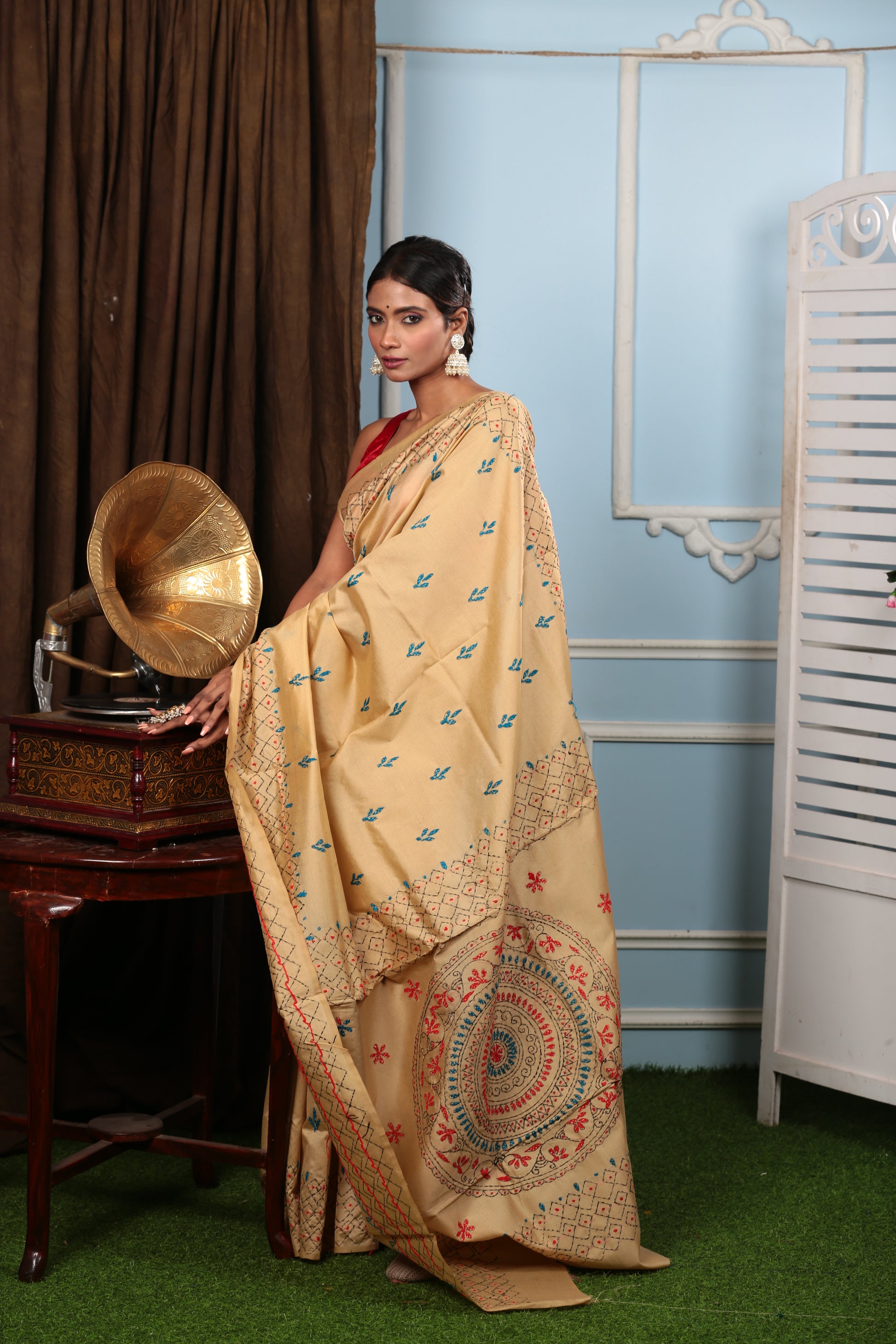 Beige cotton Kantha saree with yellow-green designs, ideal for girls' day out or cocktail events | Urbane Essence