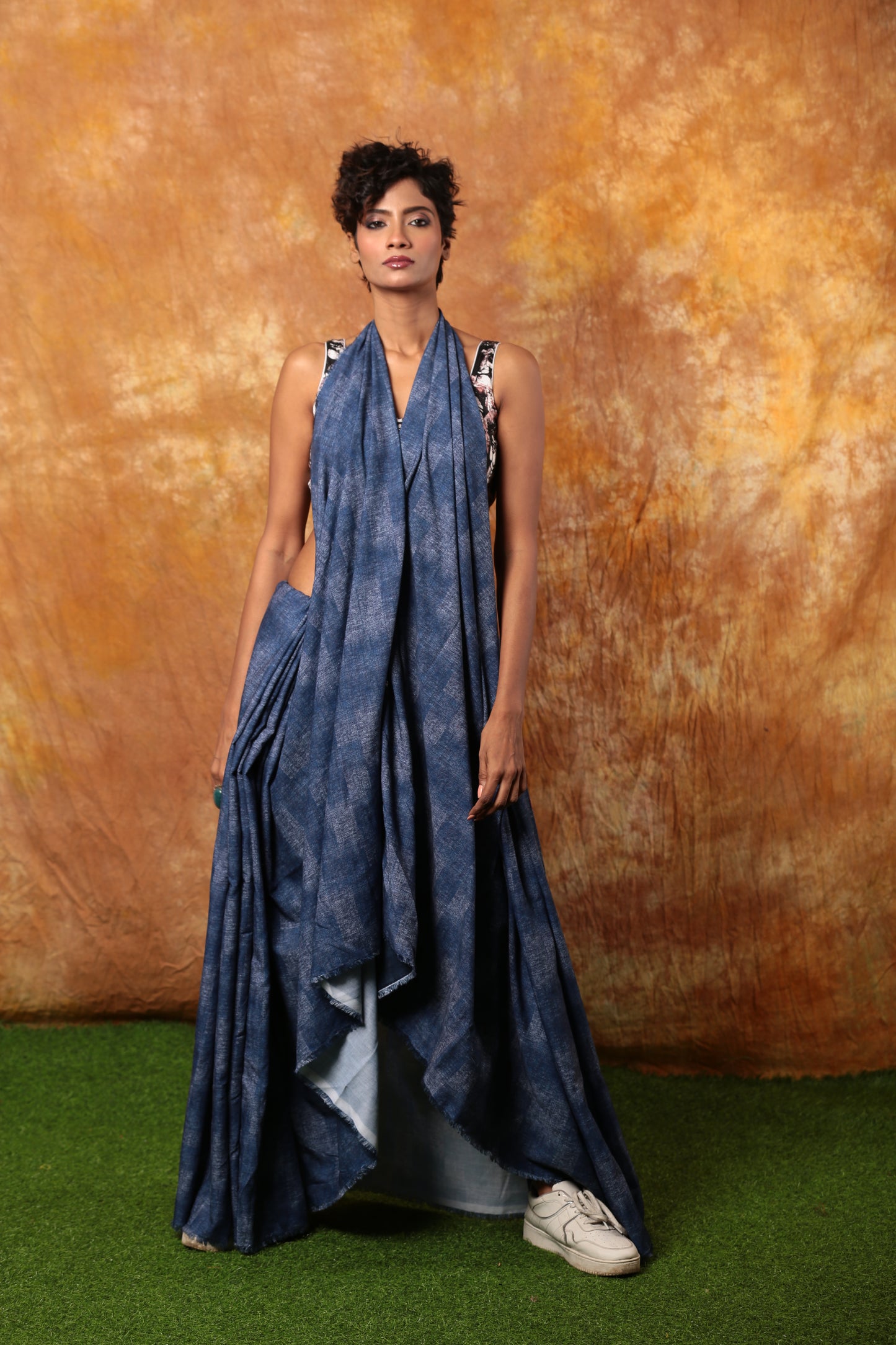 Indigo denim saree with subtle checks, draped for a modern, casual look. Perfect for everyday wear. | Urbane Essence