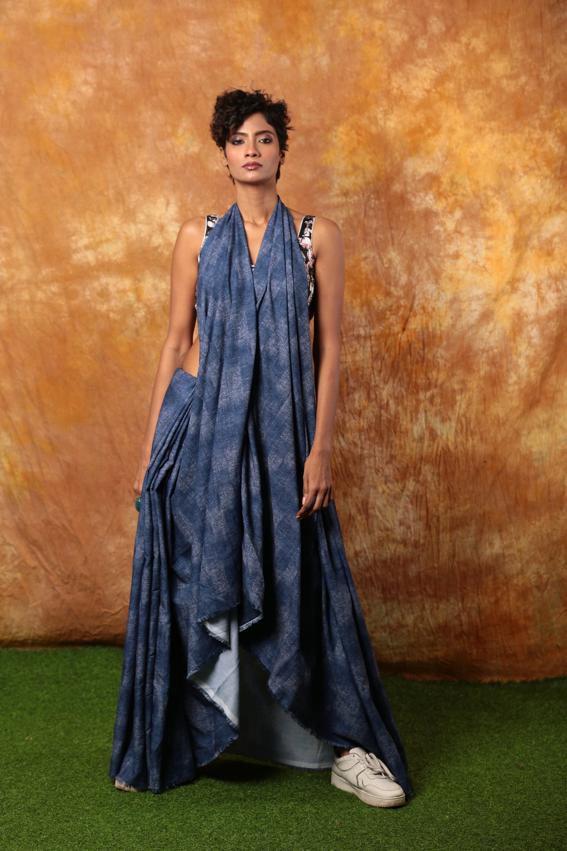 Indigo denim saree with subtle checks, draped for a modern, casual look. Perfect for everyday wear. | Urbane Essence