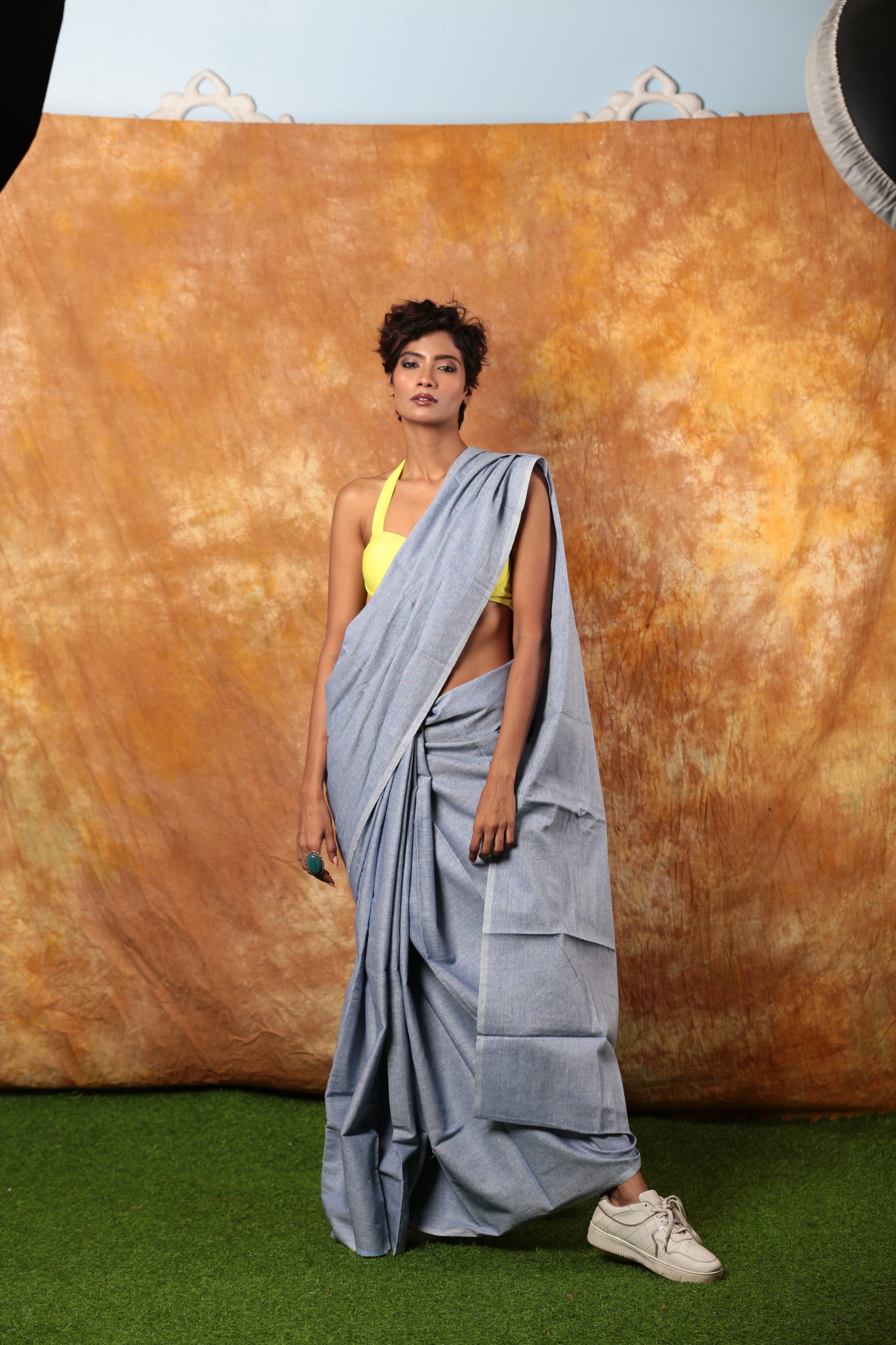 Light blue denim saree with a yellow blouse, perfect for casual wear. | Urbane Essence