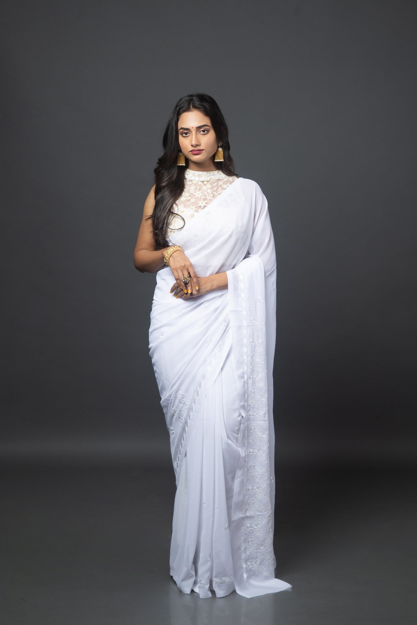 Undyed Chalkee  Semi-Georgette Saree