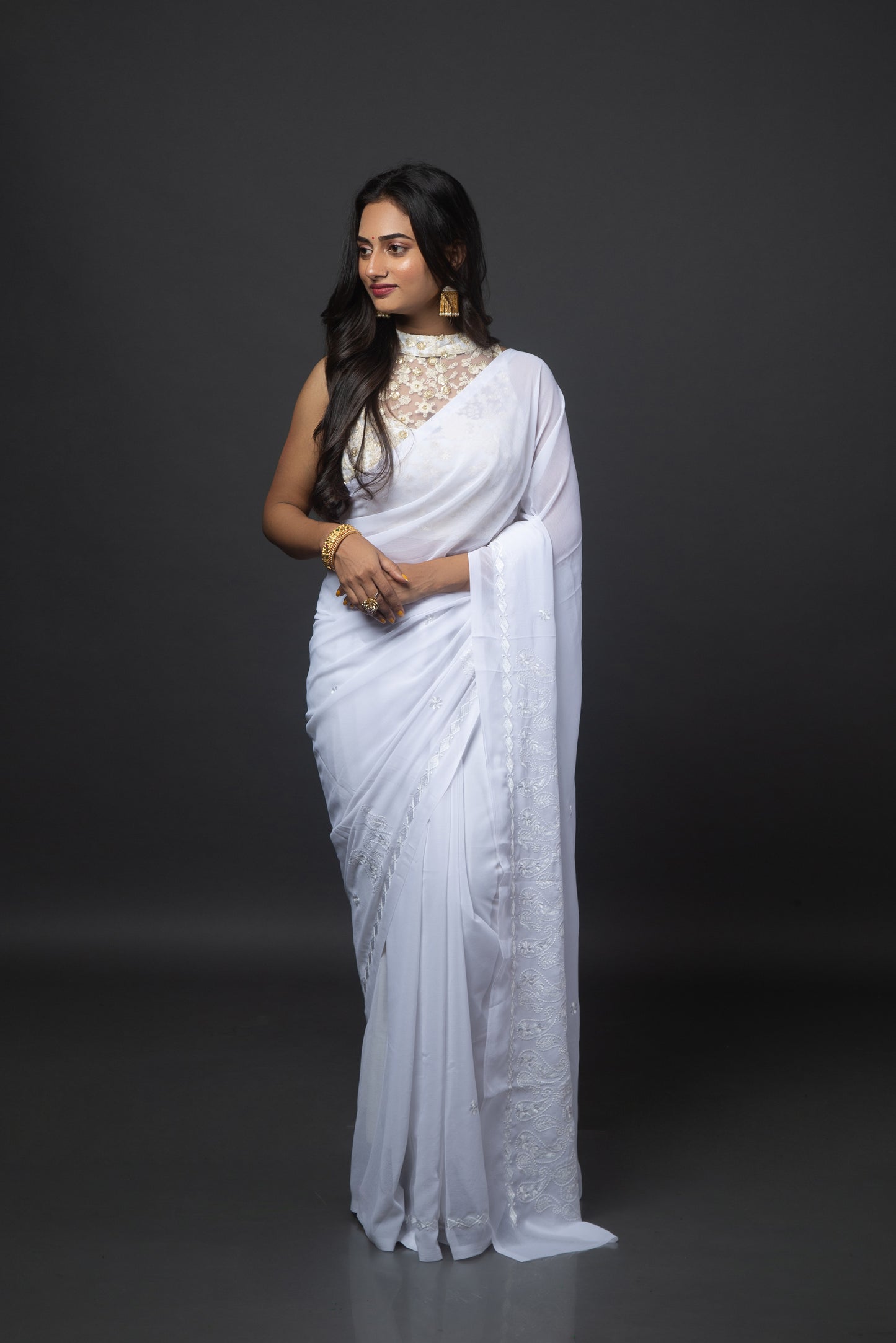 Undyed Chalkee  Semi-Georgette Saree