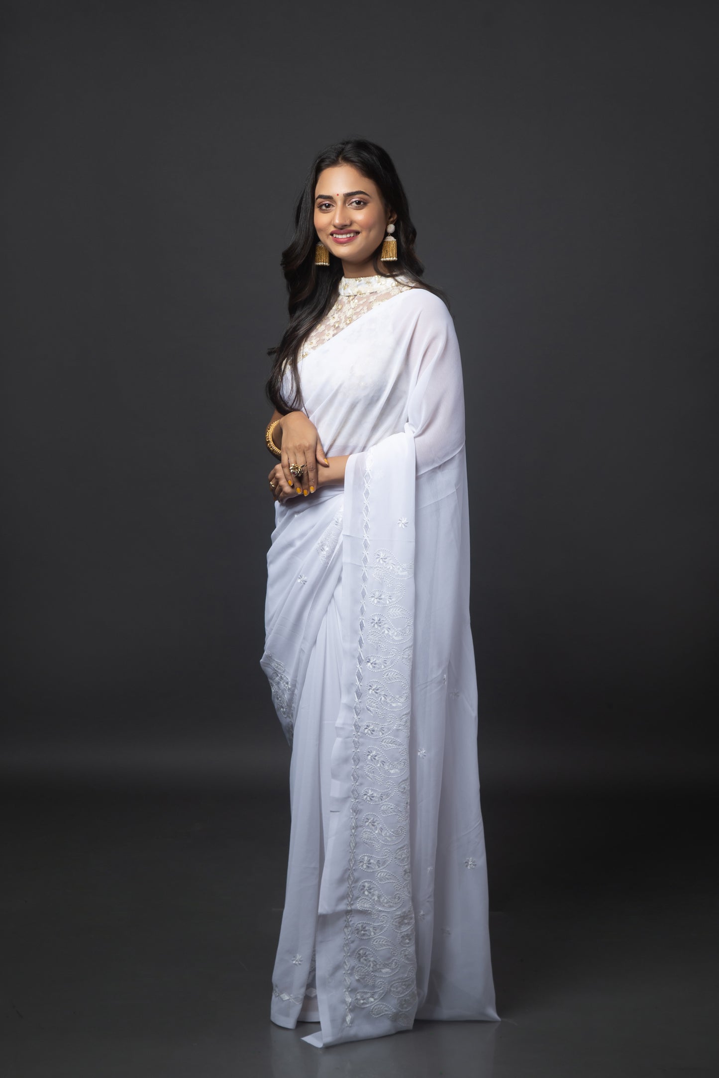 Undyed Chalkee  Semi-Georgette Saree