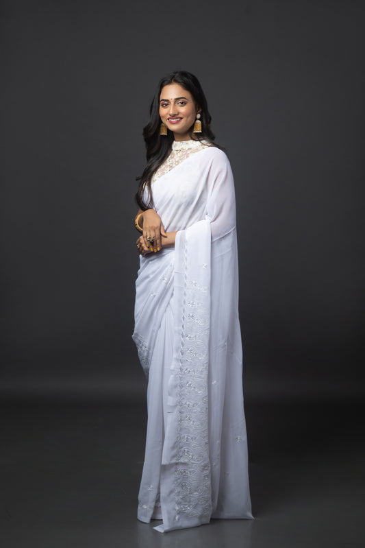 Undyed Chalkee  Semi-Georgette Saree