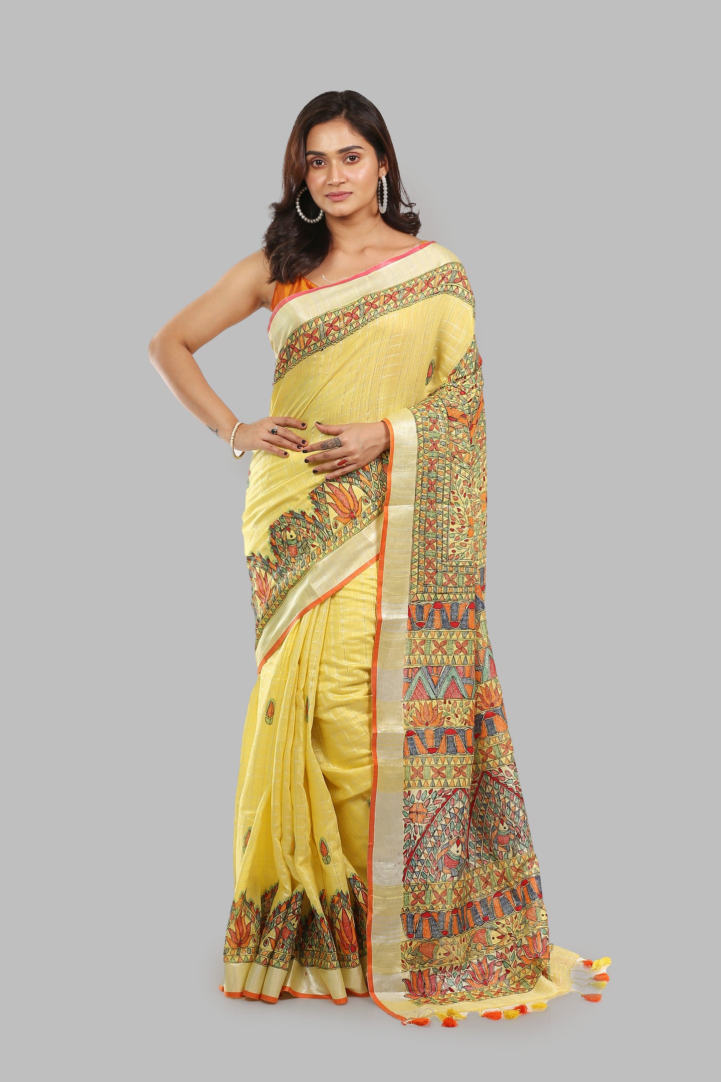 Whimsical Canary Linen Saree