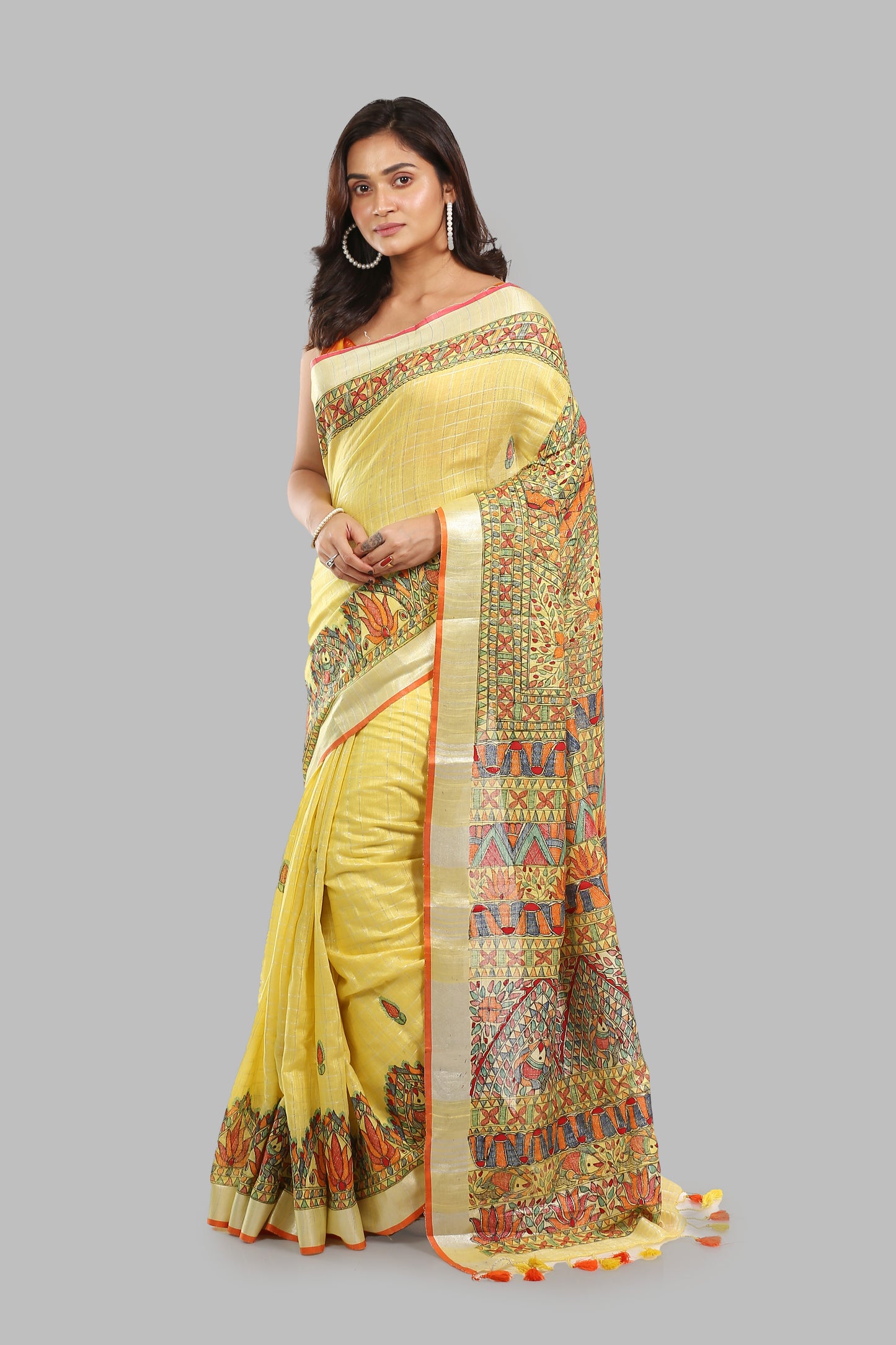 Whimsical Canary Linen Saree
